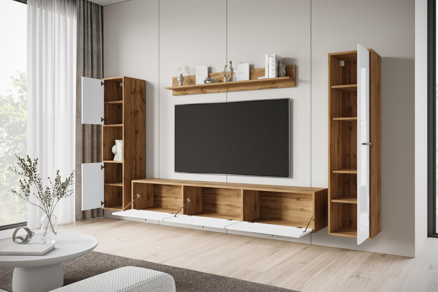 MINIO go for it - Living Room Wall Unit 4-Piece Toga, Living Room Furniture Set, 1 x TV Lowboard, 2 x Tall Cabinet, 1 x Wall Board, Living Room Furniture Complete, Living Room Set - Colour Wotan Oak
