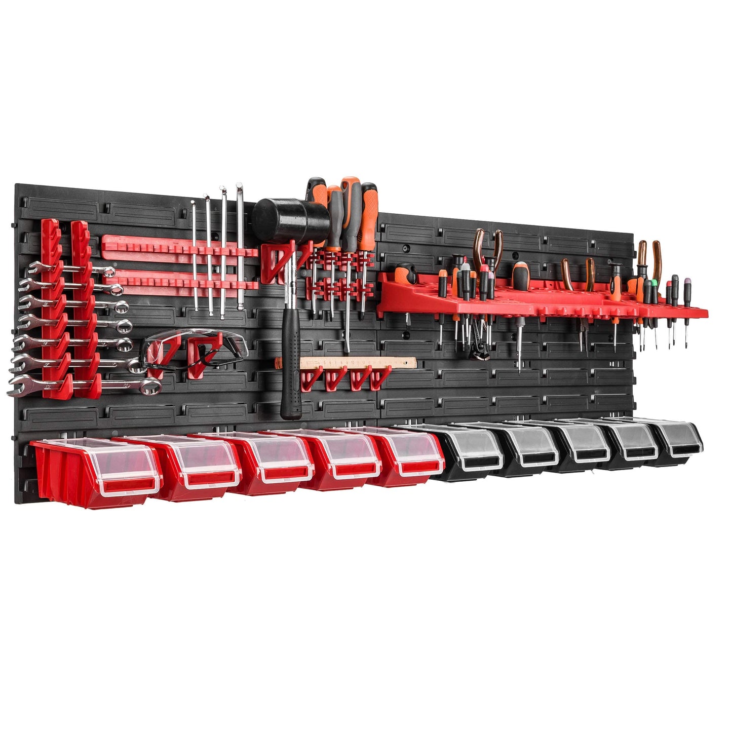 Storage System Wall Shelf 115 x 78 cm, Tool Holders, 23 Pieces Stacking Boxes Storage Boxes Extra Strong Wall Shelves Expandable Workshop Shelving Workshop Shelf