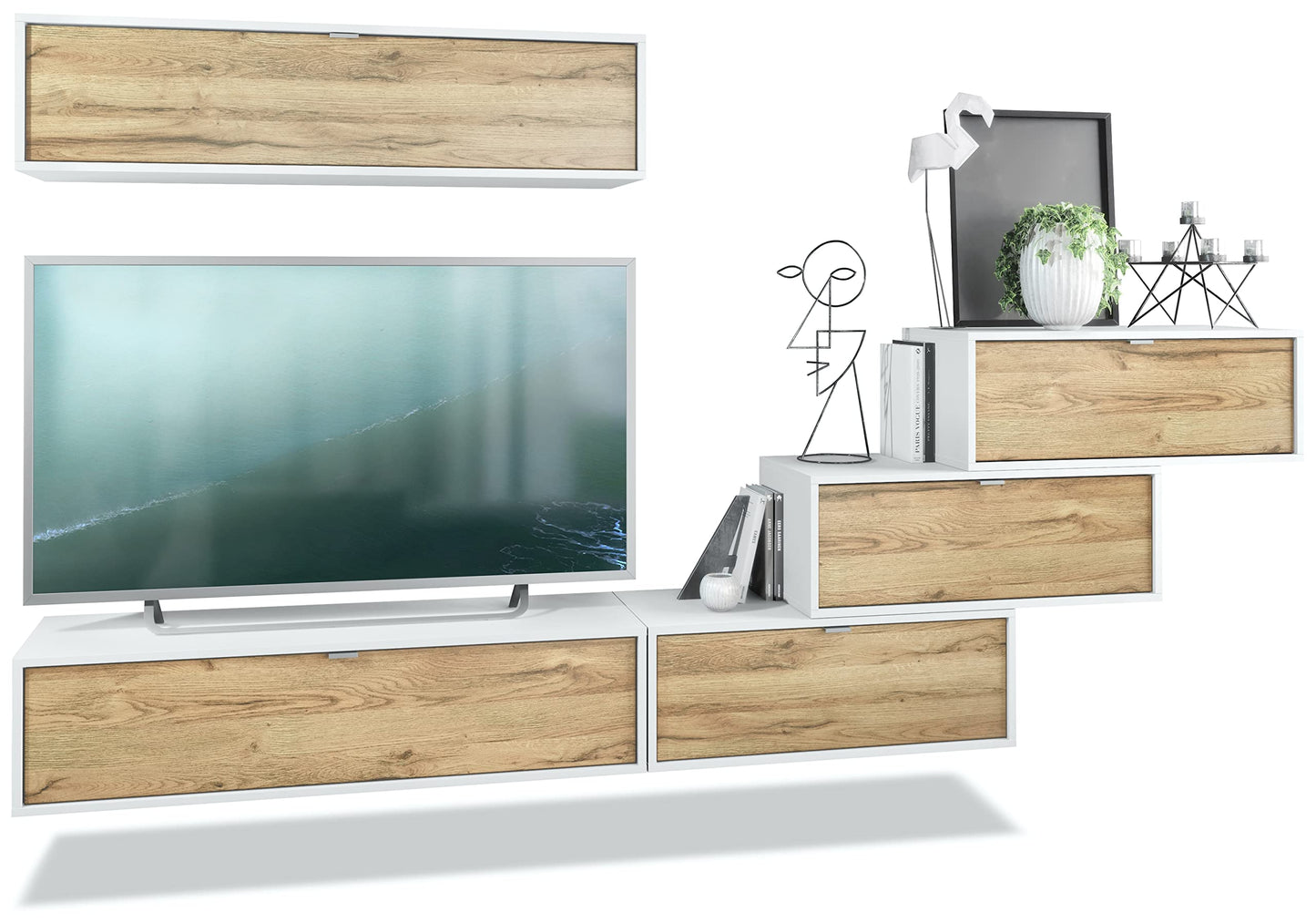 Vladon Lana V1 Wall Unit Made of 5 Hanging Elements with 12 Compartments, Made in Germany, Body in Matte White, Fronts in Bordeaux High Gloss, Large Choice of Colours