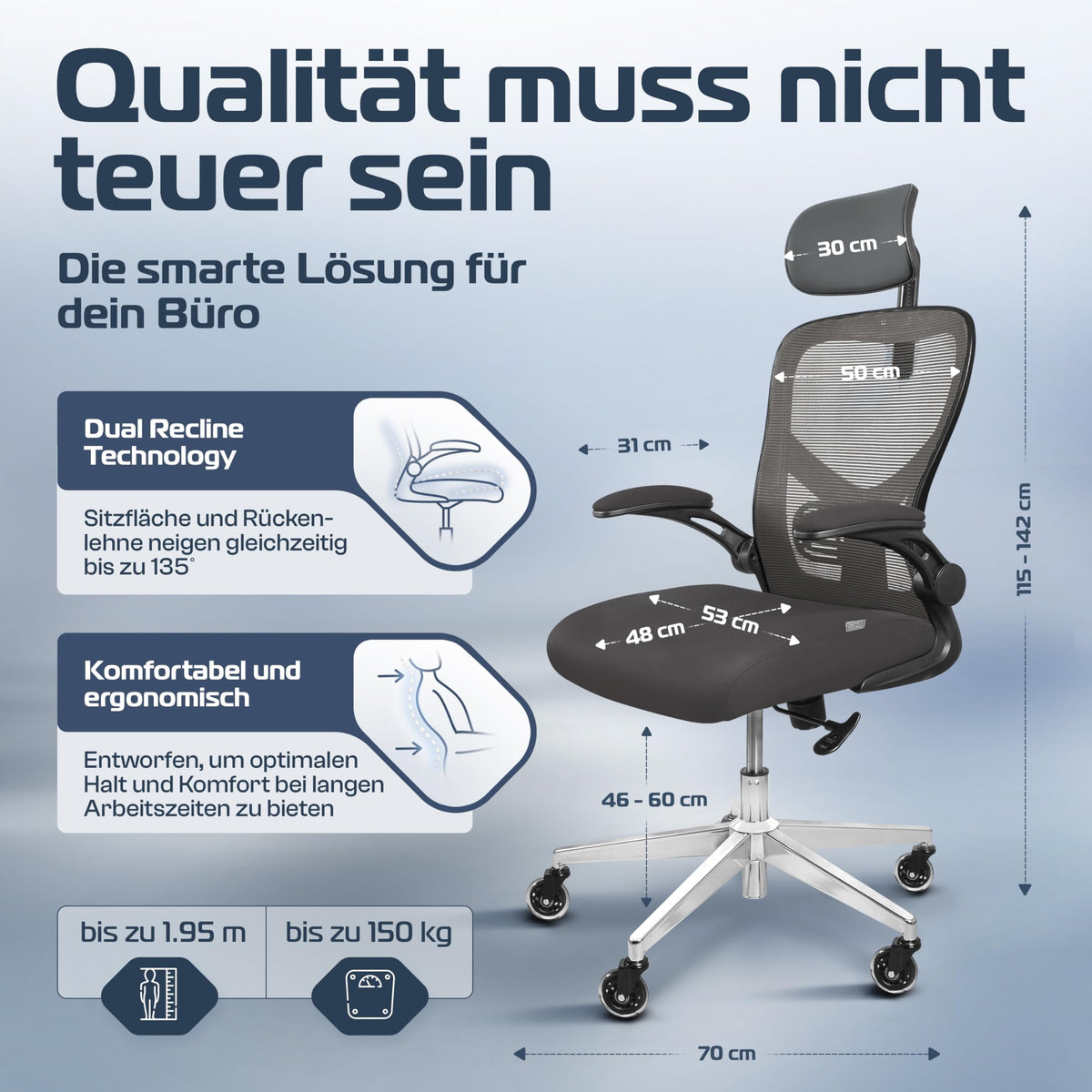 CLOUVOU BrightSeat Ergonomic Office Chair [Test Winner] Desk Chair 100% Individually Adjustable Office Chair & Gaming Chair Computer Chair Home Office Chair Ergonomic Swivel Chair 150 kg