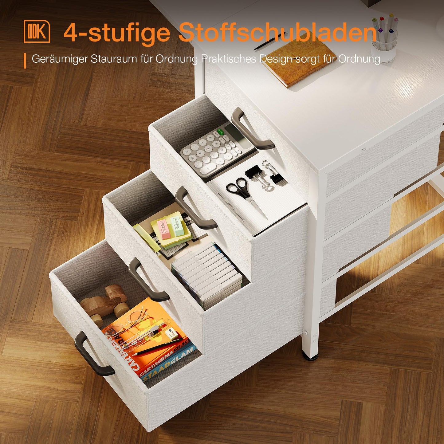 ODK Desk with 4 Drawers, 120 x 48 x 75.7 cm, Computer Desk with Headphone Holder, PC Table, Reversible Office Table, Wood for Home Office, White