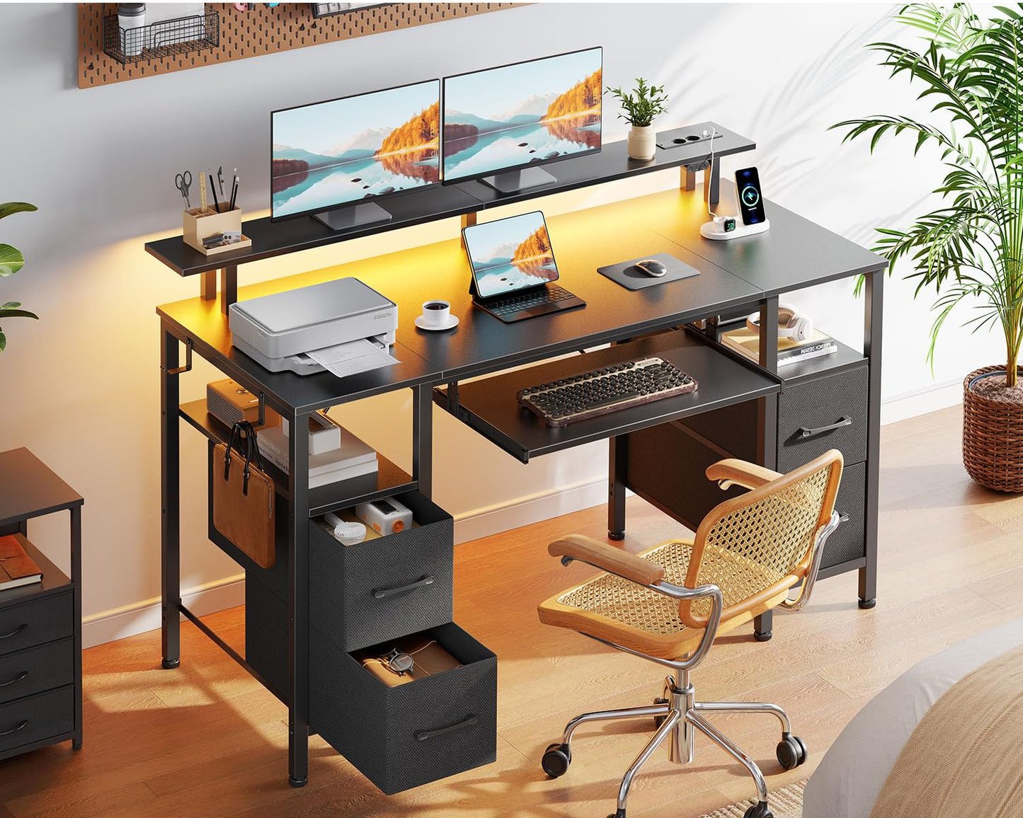 Rolanstar Desk with Drawers, 120 x 47 cm Gaming Table with Socket, LED & Monitor Stand, Computer Desk with Keyboard Tray, Gaming Desk for Home Office, Office, Living Room, White