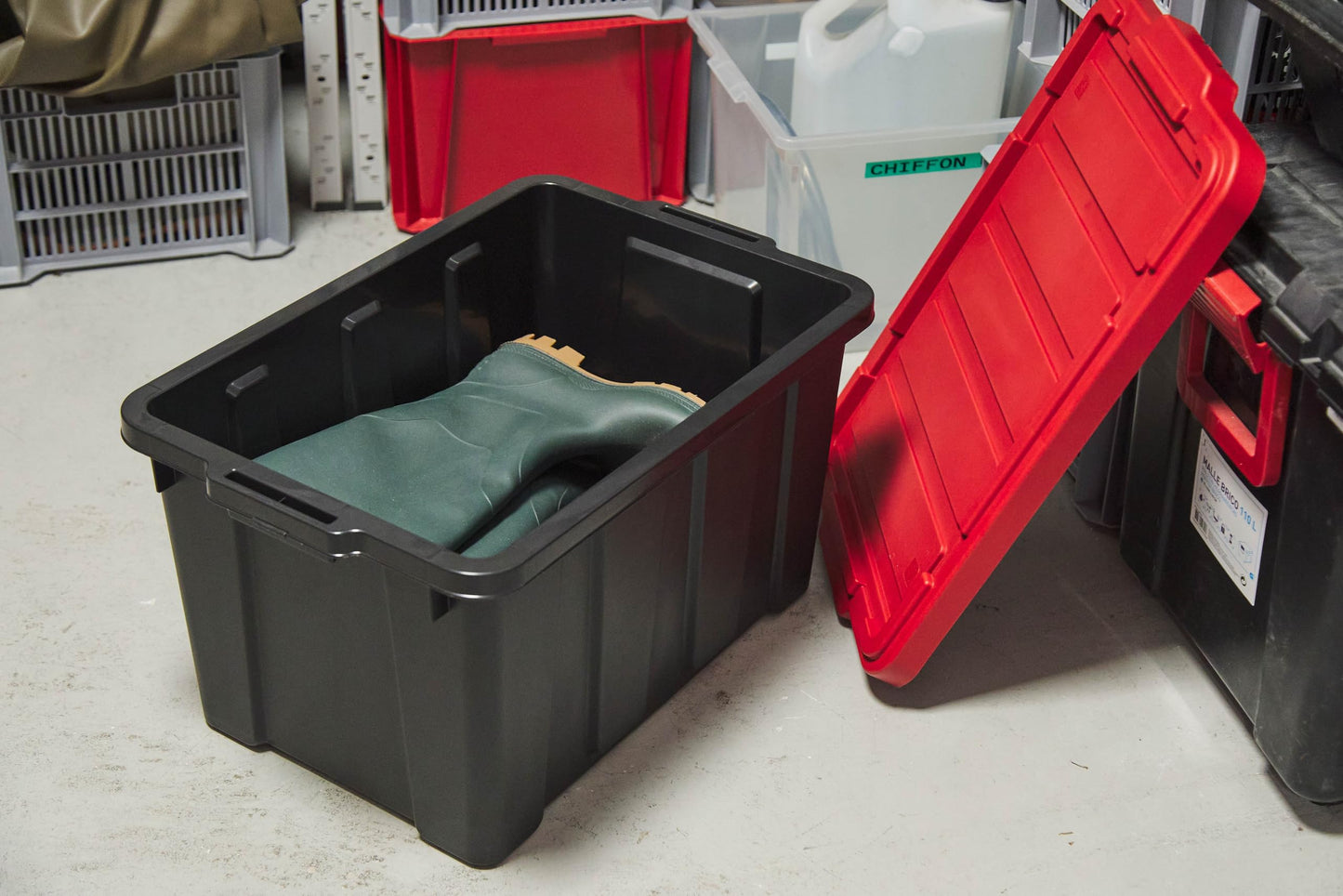Iris Ohyama, 100L Plastic Storage Box with Heavy Duty Lid, Set of 2, Black, Stackable, Garage Shelves, Moving Moving Plastic Tool Box Storage Box UTB-27
