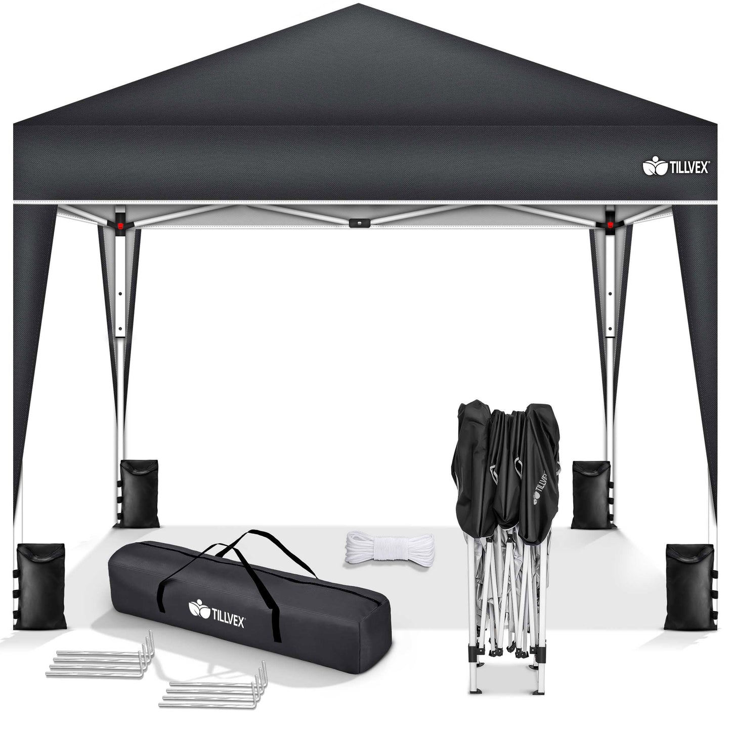 tillvex Gazebo 3 x 3 m Waterproof with 4 Side Panels + Set of 4 Sandbags Pop-Up Folding Gazebo Stable & Height Adjustable Garden Tent UV Protection 50+ Party Tent with Bag for Garden, Grey
