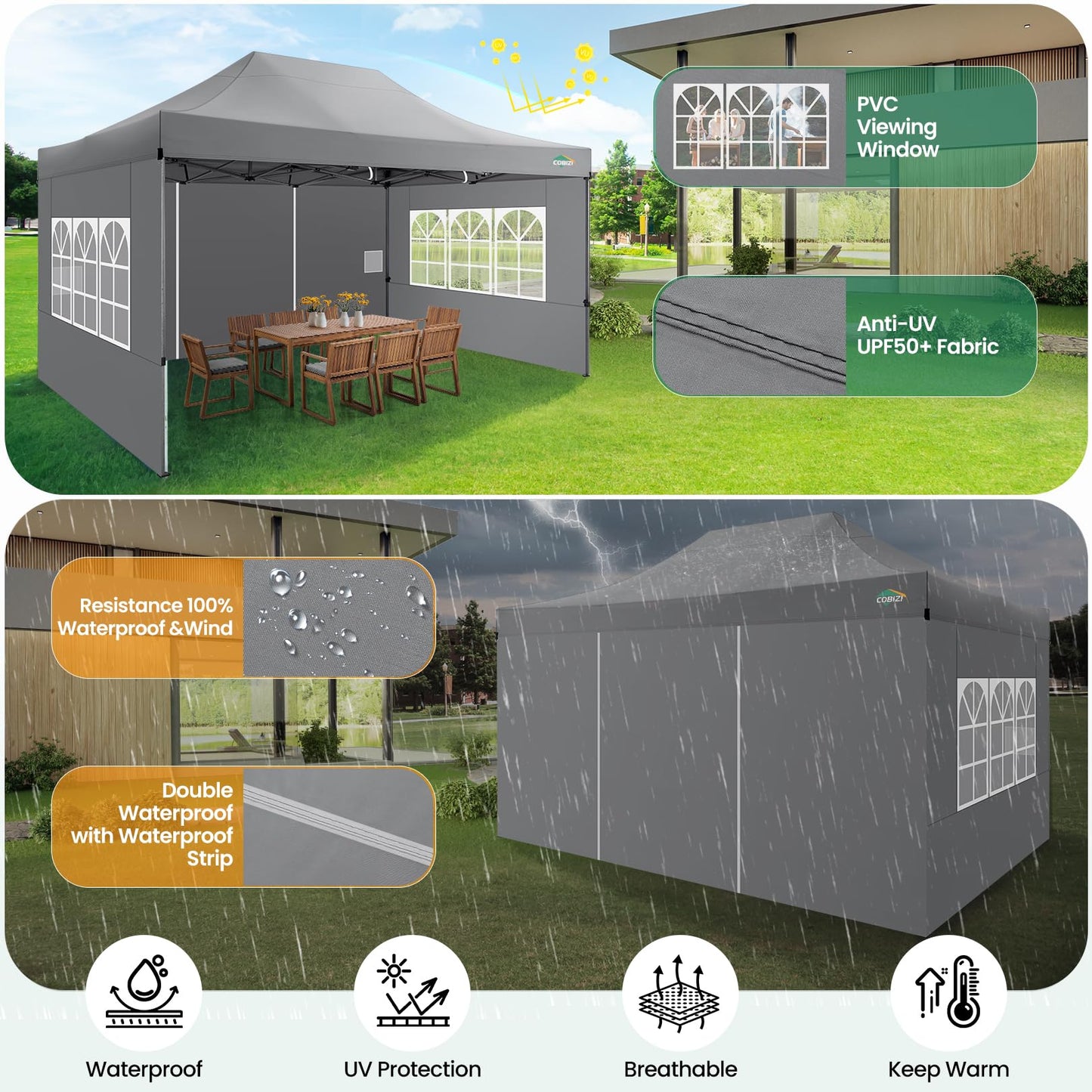 COBIZI Pavillon Faltpavillon 3x3 wasserdicht stabil Winterfest,Outdoor faltbar partyzelt，gartenpavillon mit 4 Seitenteilen und 4 Sandsack und Laufradtasche, Schwarz