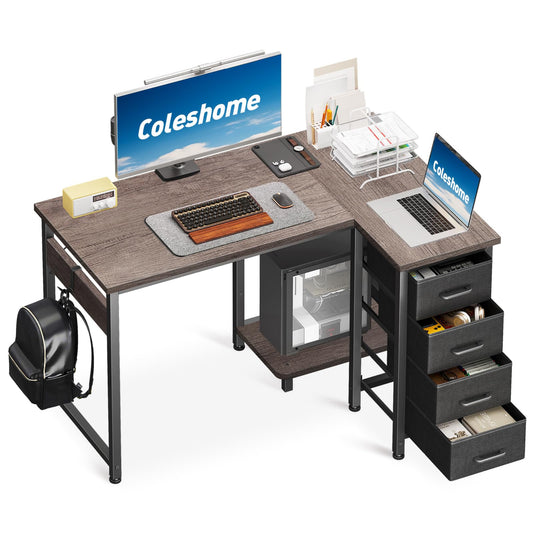 Coleshome Corner Desk, 100 x 70 cm, L Shape Desk with 4 Drawers, Reversible Computer Desk for Office, Study, Bedroom, White