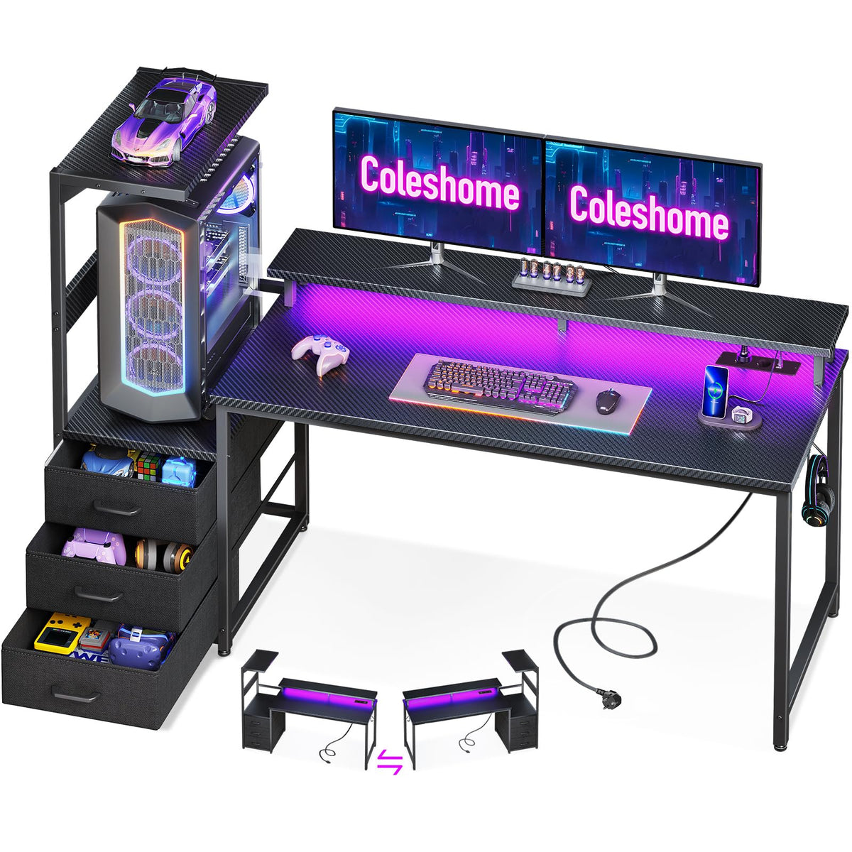 Coleshome Gaming Table with Drawers, 151 x 50 cm Gaming Desk with LED Lighting & Socket, Computer Desk with Shelves & Monitor Stand, Carbon Fibre Black