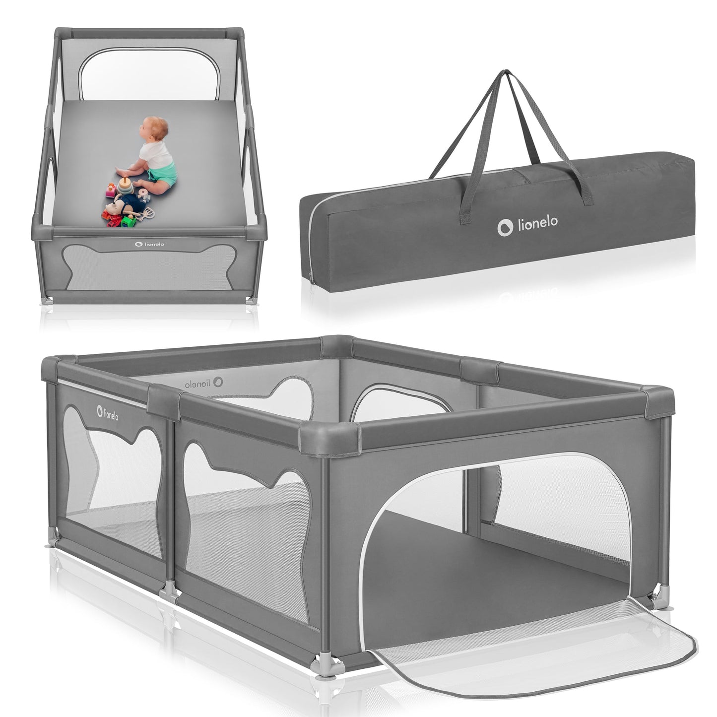 LIONELO WILLOW Baby Playpen from 0-48 Months Large Area 120 cm x 180 cm x 68 cm with Side Walls Made of Breathable, Durable Mesh Fabric, 2 Side Entrances with a Zip