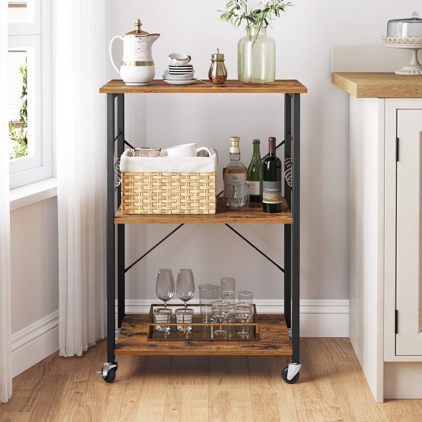 VASAGLE KKS60XV1 Kitchen Rack on Wheels Serving Trolley 3 Tier Kitchen Trolley Mini Oven Microwave Metal Frame 6 Hooks 40 x 60 x 89 cm Vintage Brown Ink Black