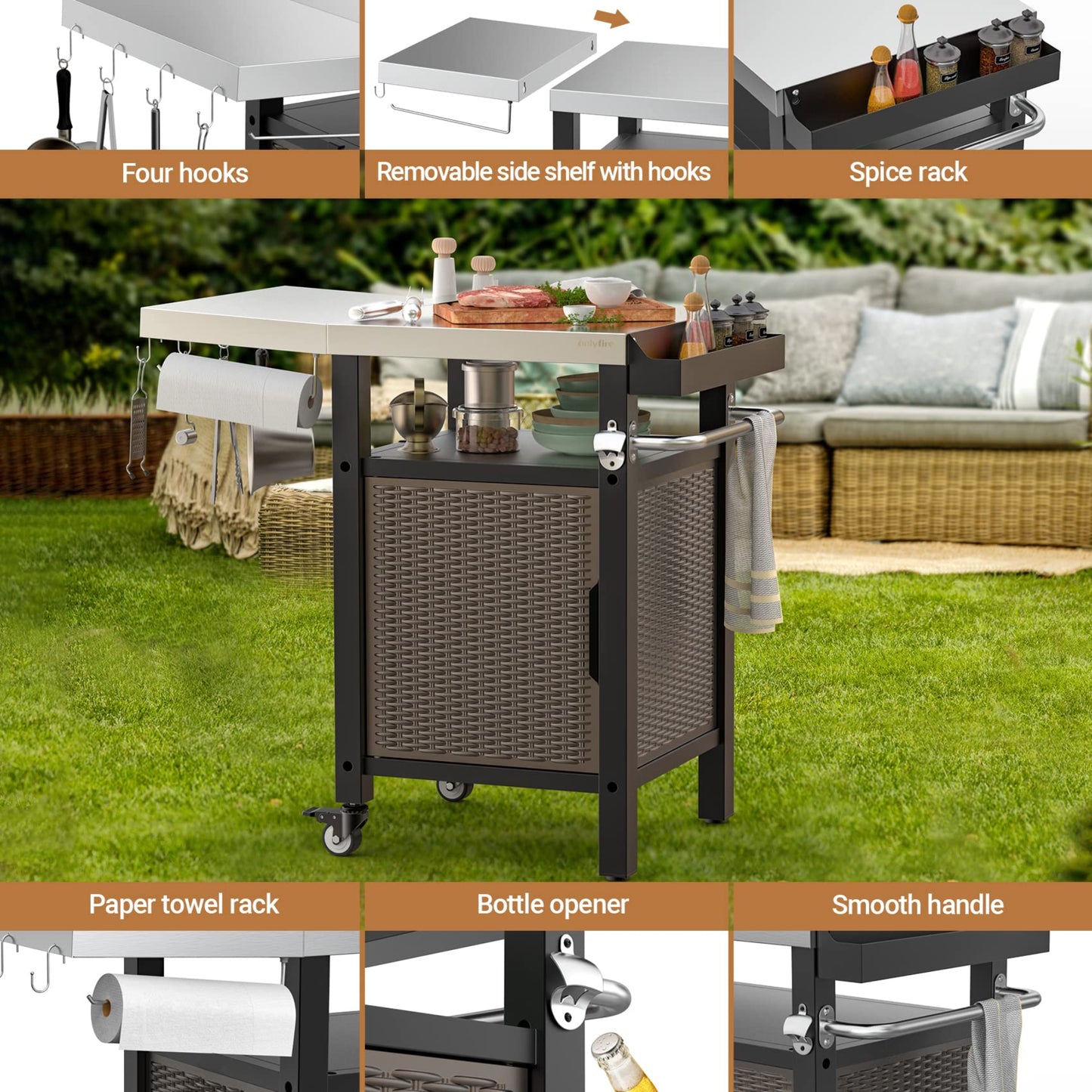 onlyfire Outdoor Barbecue Table, Grill Trolley with Folding Side Shelves, Outdoor Serving Trolley with Wheels, BBQ Table, Outdoor Side Table, Three Levels, Stainless Steel Table Top, 97.5 × 56 × 91 cm