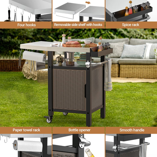 onlyfire Outdoor Barbecue Table, Grill Trolley with Folding Side Shelves, Outdoor Serving Trolley with Wheels, BBQ Table, Outdoor Side Table, Three Levels, Stainless Steel Table Top, 97.5 × 56 × 91 cm
