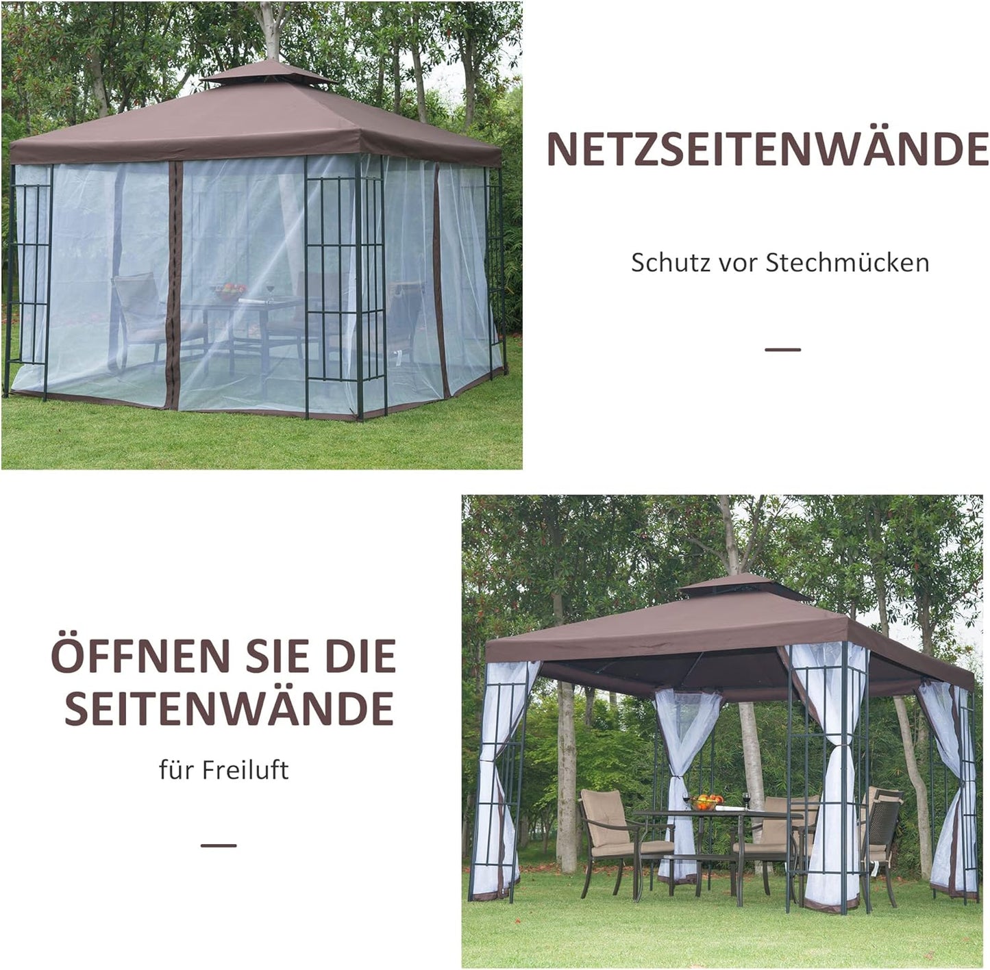 Outsunny Pavillon Gartenpavillon mit Moskitonetze Seitenwände, Partyzelt mit Doppeldach, Gartenzelt Festzelt 2,97x2,97m