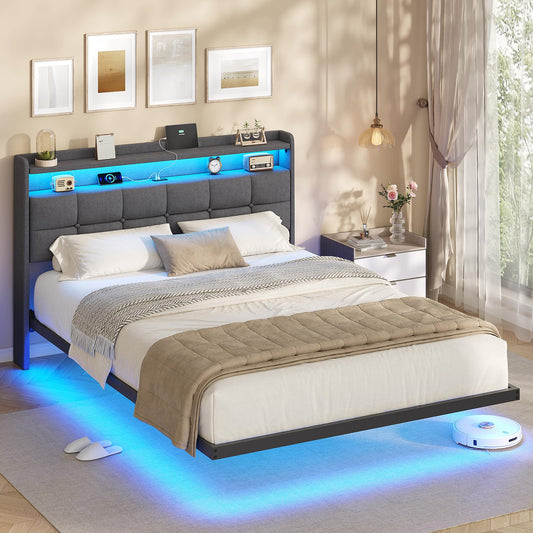 AOGLLATI Upholstered Bed 140 x 200 cm, Double Bed Frame, Bed Frame with LED Lighting and Charging Station, Bed Frame with Headboard, Bed Floating Bed Frame, Metal Bed, Linen, Dark Grey (without