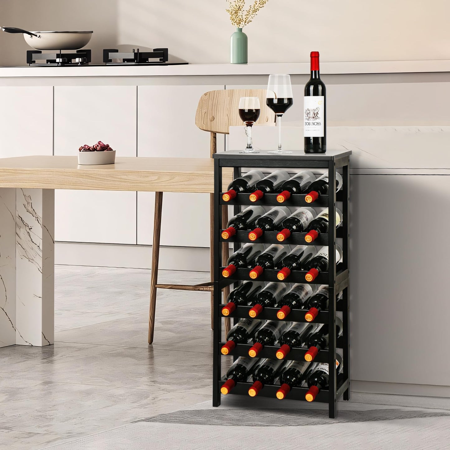 VASMIA Bamboo Wine Rack for 24 Bottles, Bottle Rack with 6 Levels for Cellar, Kitchen, Bar, Dining Room, Bottle Holder Wood with Table Top 41 x 24 x 81 cm, Natural