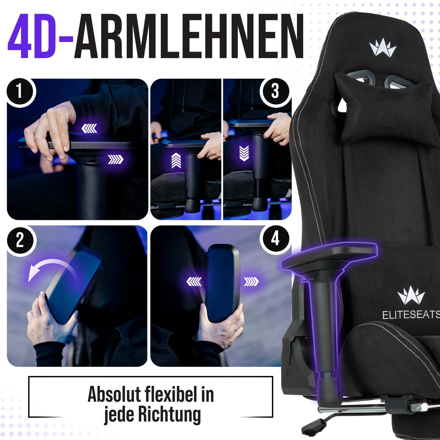 ELITESEATS Ergonomic Gaming Chair [Test Winner] Scratch-Free Wheels Breathable 4D Armrests with Footrest Ergonomic Gaming Chair Fabric 150 kg Load Capacity Gaming Chair Gaming Chair