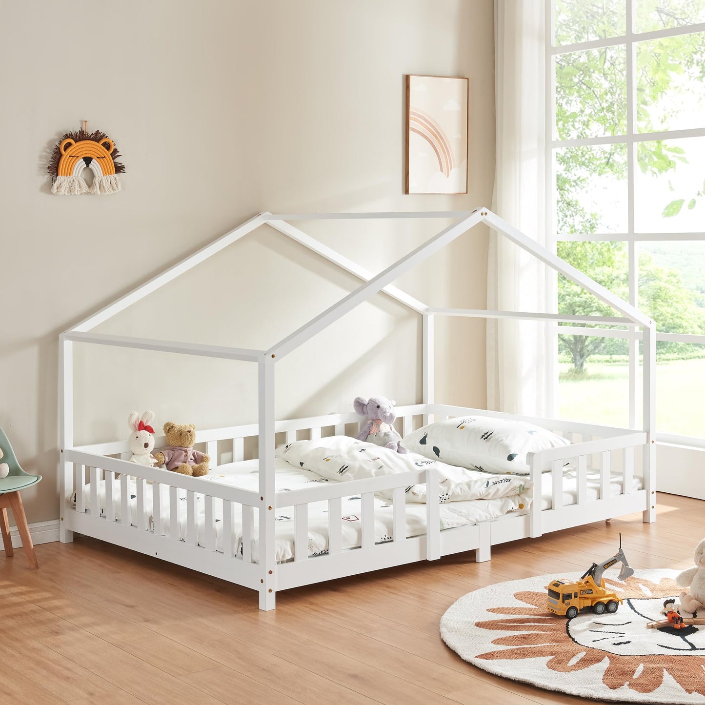 [en.casa] Treviolo Children's Bed 140 x 200 cm Wooden Bed for Children with Fall Protection Montessori Bed Frame with Slatted Frame Pine Wood White