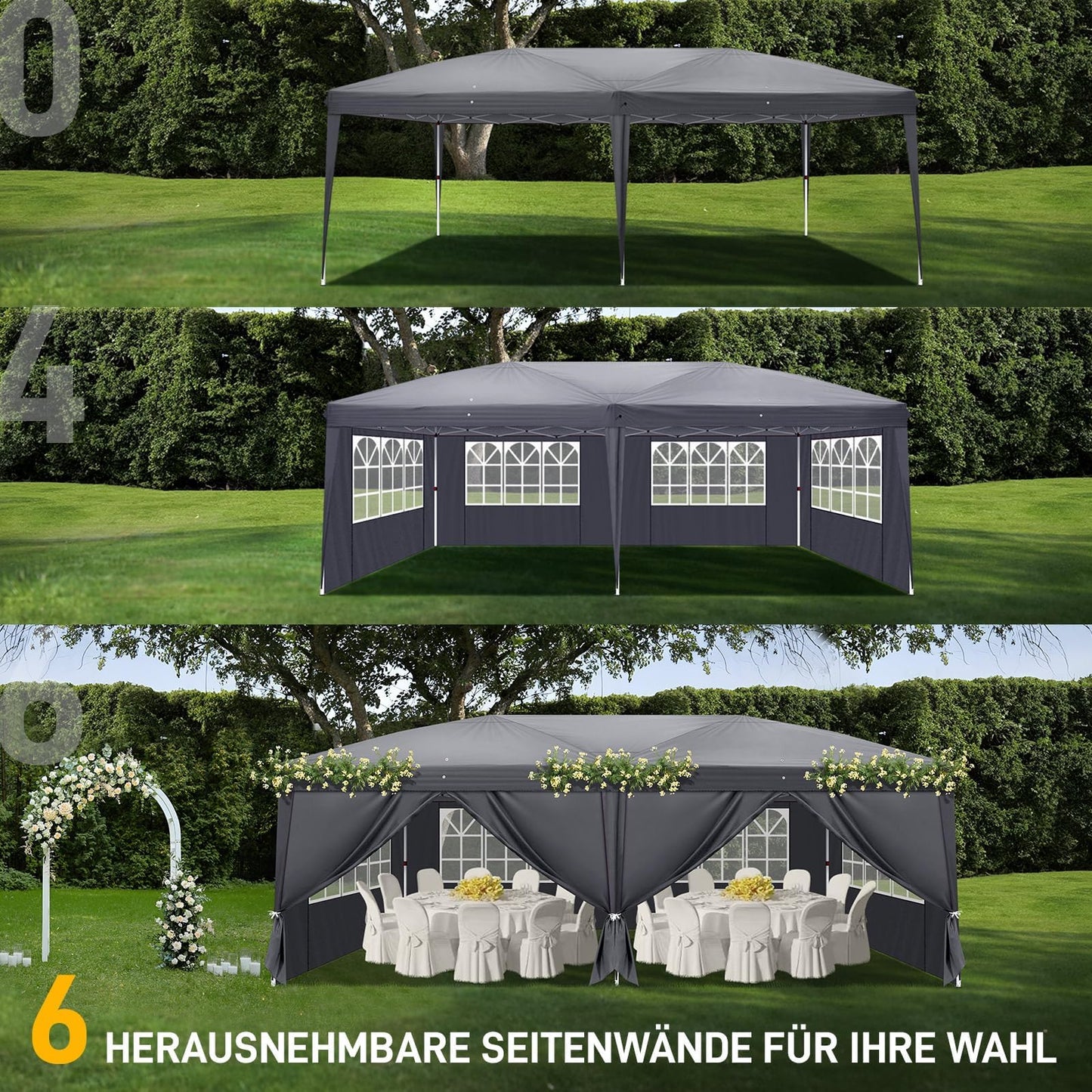 LEADZM Gazebo, Folding Gazebo, 3 x 6 m, Pop-Up, Waterproof, Winterproof, Height Adjustable, UV Protection 50+, Garden Tent, Party Tent, Steel Frame, with 6 Side Panels, for Garden, Party, Camping,