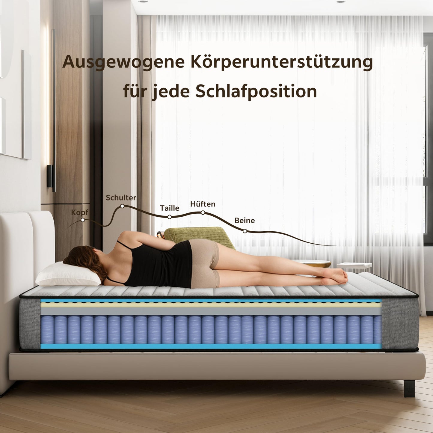 Mattress, 140 x 200 cm, 7-Zone, H3 Firmness, OEKO-TEX-Certified, 25 cm Height, Pocket Spring Mattress with Memory Foam, Bed Mattress