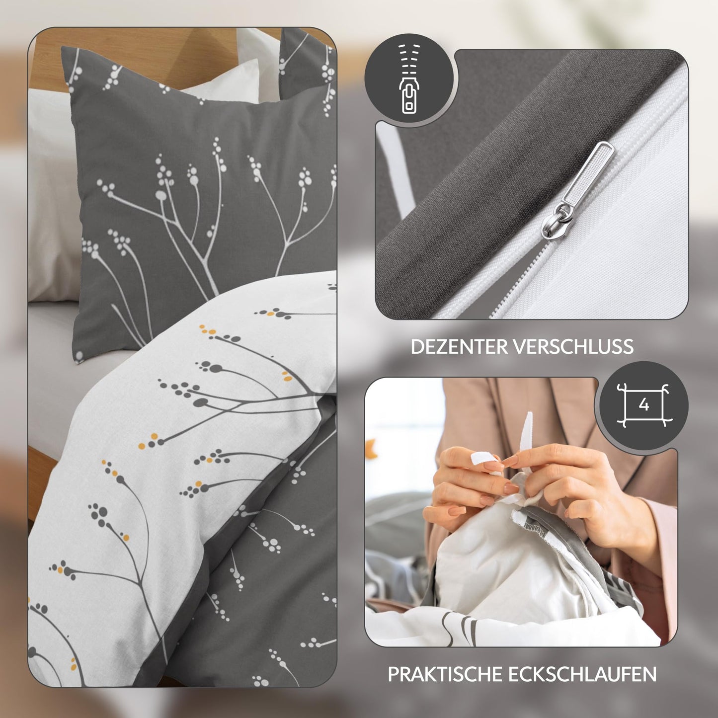 Dreamzie Bed Linen Set 155 x 220 cm with 2 Pillowcases 80 x 80 cm, Botanic Motif Sage Green, Adult Bed Linen, 155 x 220 cm, Made of 100% Microfibre, Certified, No Chemicals (OEKO TEX)