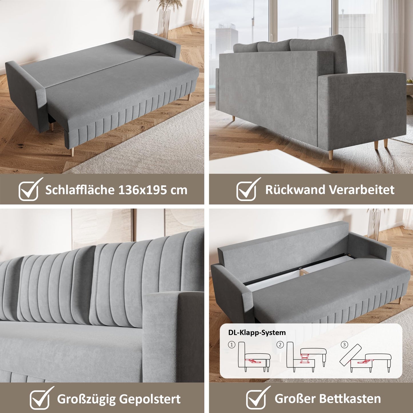 MOTIVENA Leo Sofa Set, Sofa Set 3 2 1 Living Room, Sofa 3 2 1 Set, Couch Set, Futon Set, Living Room Couch Set, Couch 3 2 1 Set, Bonell Spring Core (H4), Velvet, Grey Light Grey