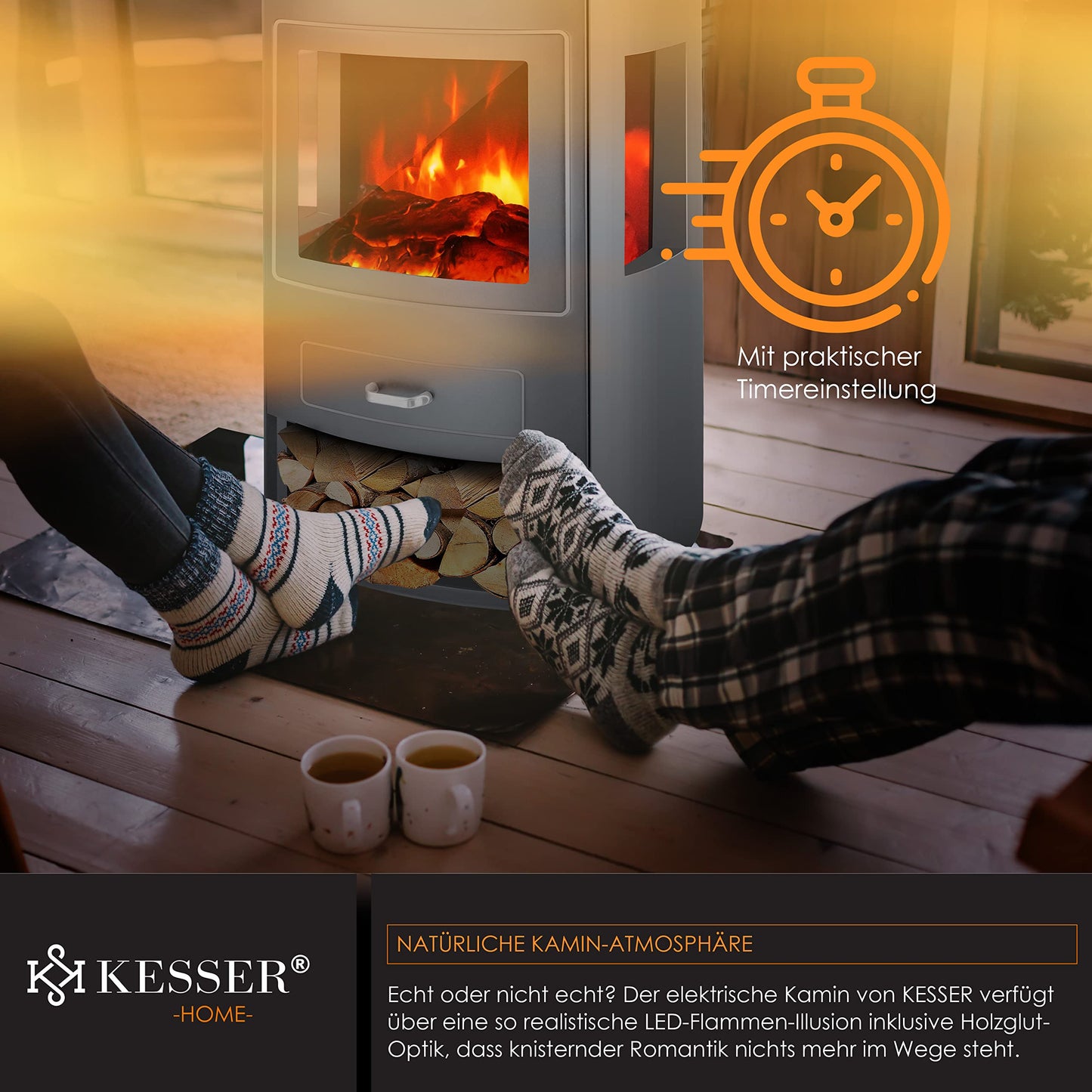 KESSER Prio Electric Fireplace Heater Fan Remote Control WiFi App 950/1900 W Fireplace Electric LED Flame Effect Fireplace Electric Thermostat Panoramic Viewing Window Heating Function Timer, Grey