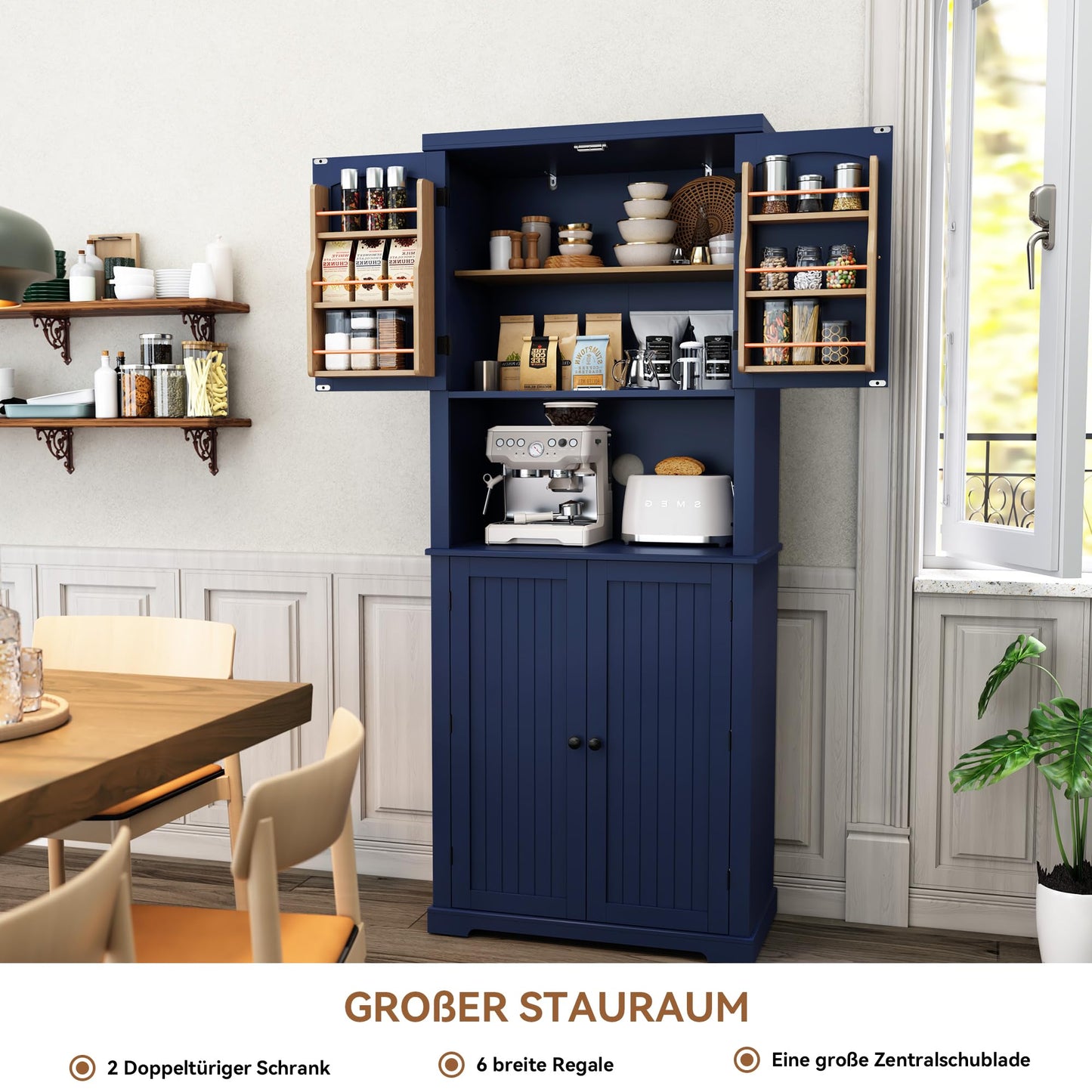 HOLTICO Küchenschrank mit Arbeitsplatte, Hochschrank Küchenbuffet Buffetschrank, Esszimmerschrank, Speisekammer mit Türen und Regalen für Esszimmer, Wohnzimmer, Waschküche,Schwarz