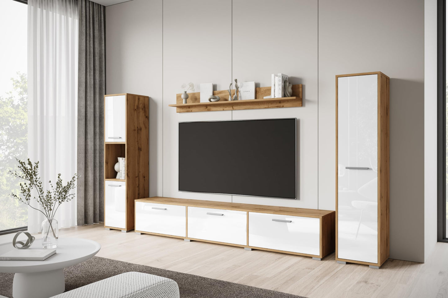 MINIO go for it - Living Room Wall Unit 4-Piece Toga, Living Room Furniture Set, 1 x TV Lowboard, 2 x Tall Cabinet, 1 x Wall Board, Living Room Furniture Complete, Living Room Set - Colour Wotan Oak