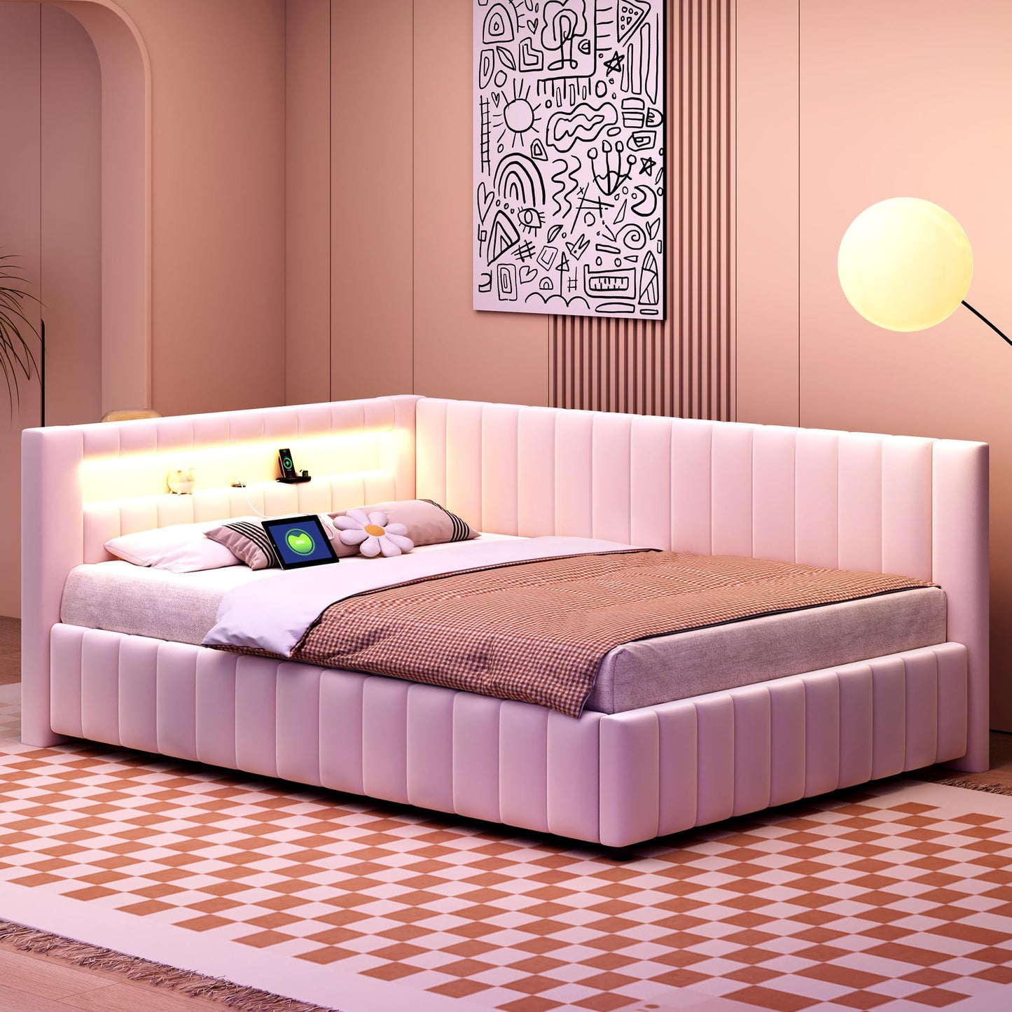 KEYIDE Upholstered Sofa Bed, 140 x 200 cm with LED Lighting and USB Charging, Bed Frame with Wooden Slatted Frame, Day Bed, Guest Bed, Youth Bed, Velvet Fabric, Without Mattress (Grey, 140 x 200)