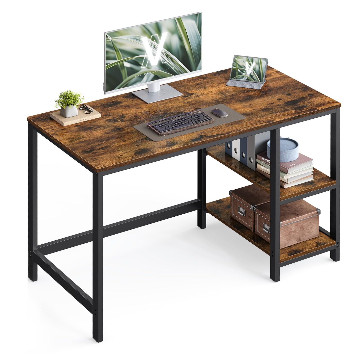 VASAGLE LWD55X Desk Computer Desk PC Desk Office Table with 2 Shelves on Right or Left Side for Office Living Room Steel Frame Industrial Design Vintage Brown/Black