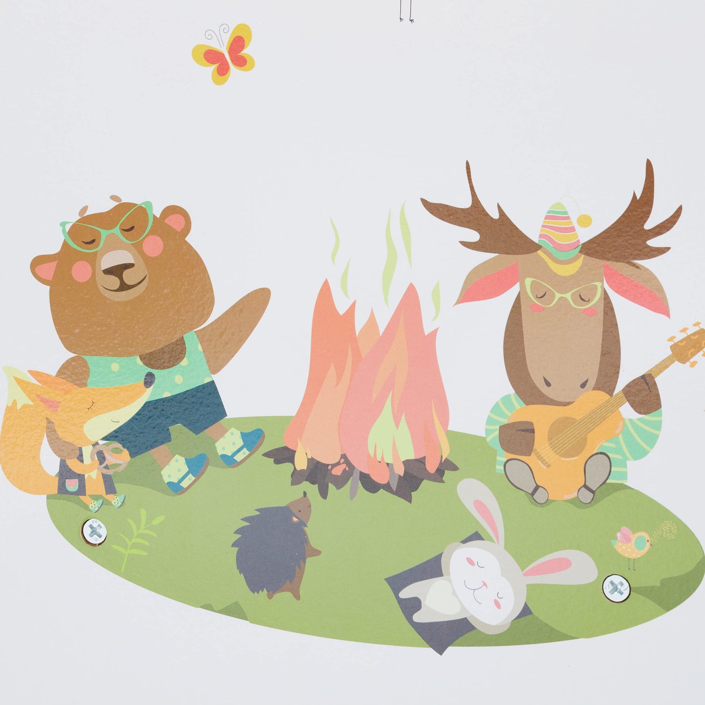Relaxdays Kinderregal, 9 Aufbewahrungsboxen, Lagerfeuer Motiv, MDF, Kunststoff, Spielzeugregal HBT: 67x65x31,5 cm, bunt