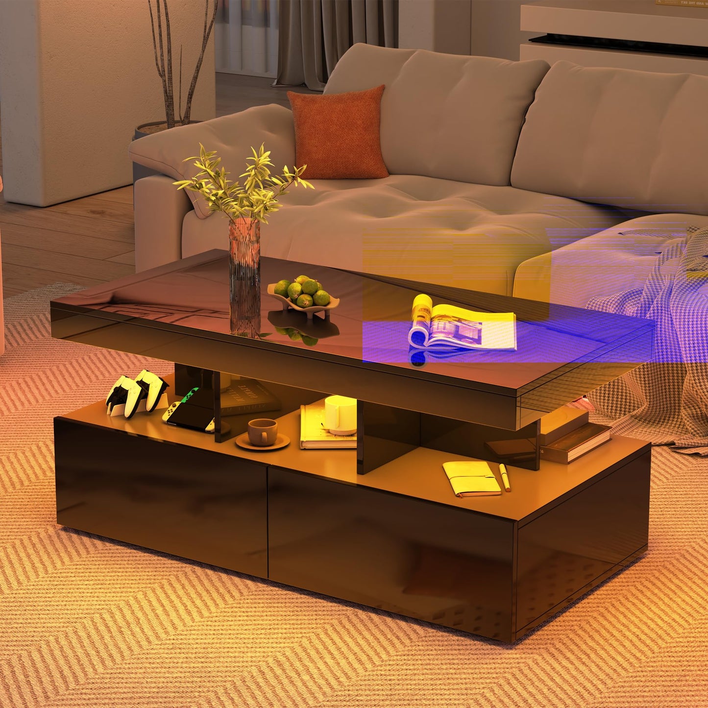 Coffee Table with LED Lighting, High Gloss Living Room Table with 2 Silent Drawers and Open Compartment, Elegant Side Table for Living Room and Office (White)