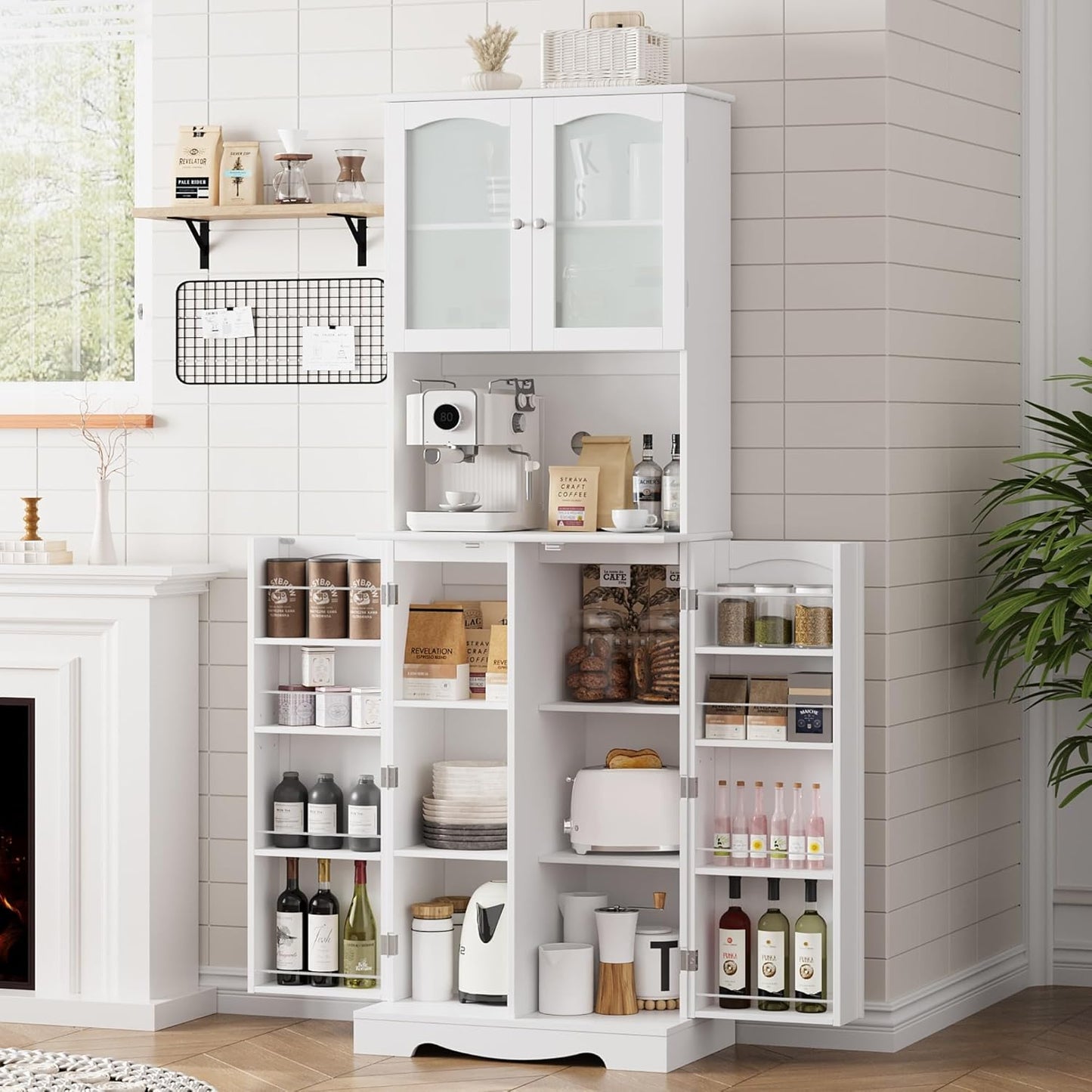 HOCSOK 181 cm Tall Kitchen Cabinet, Buffet Cabinet with Microwave Shelf and 8 Door Shelves, Freestanding Kitchen Storage Cabinet for Kitchen, Modern Style, White