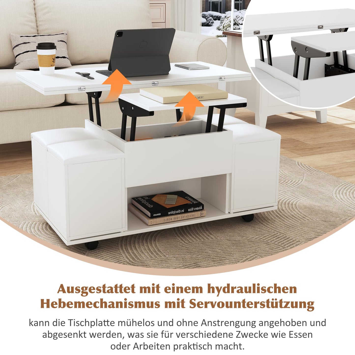 Coffee Table Height Adjustable with 4 Storage Space Stools, Living Room Table Coffee Table with Extendable Table Top, Movable Coffee Table with Storage Space, Table Living Room Dining Table Set