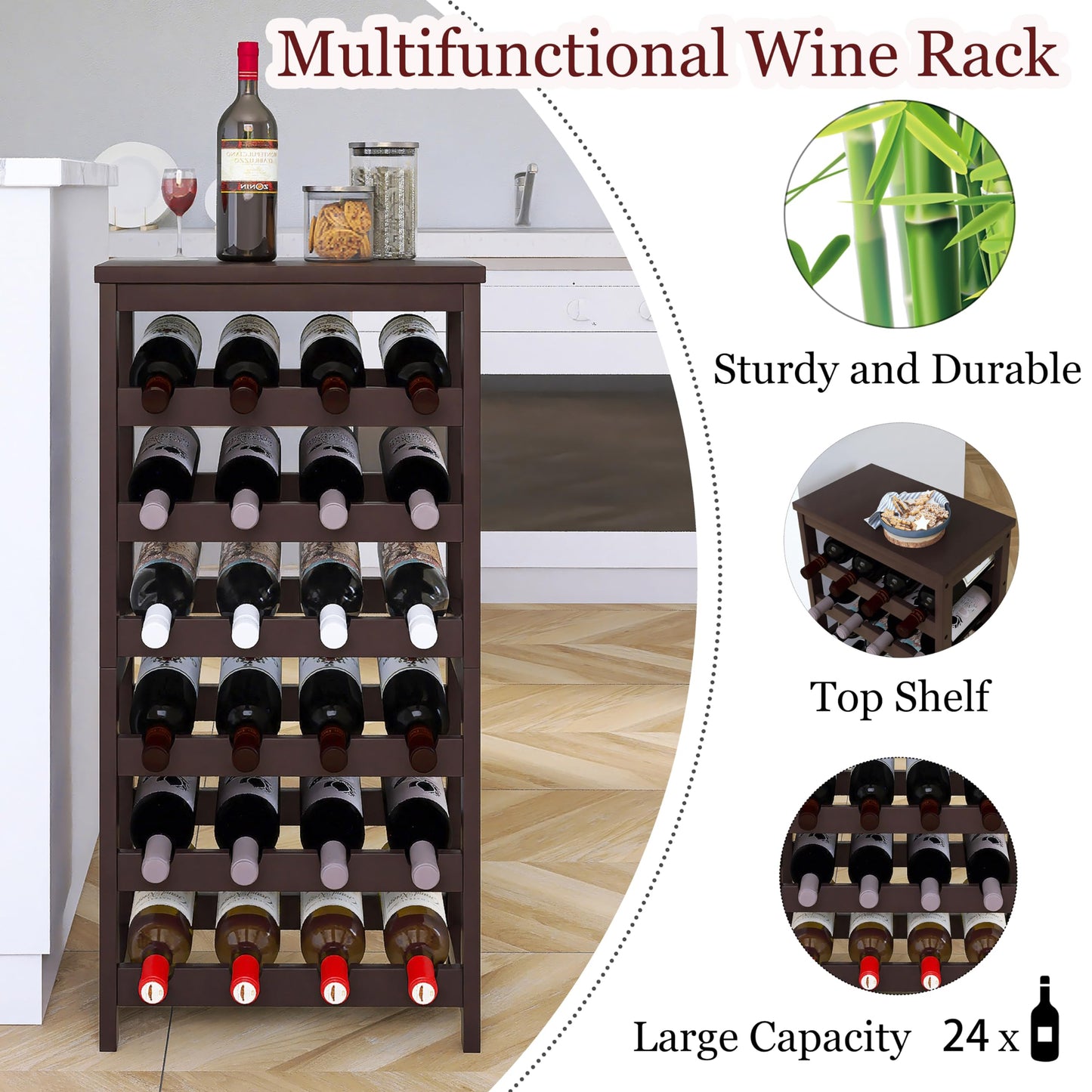 24 Bottle Wine Rack Freestanding Base, 6 Tier Wine Display Storage Shelves with Table Top, Bamboo Wine Bottle Holder Stand with Wave Bars for Kitchen, Dining Room, Pantry, Black