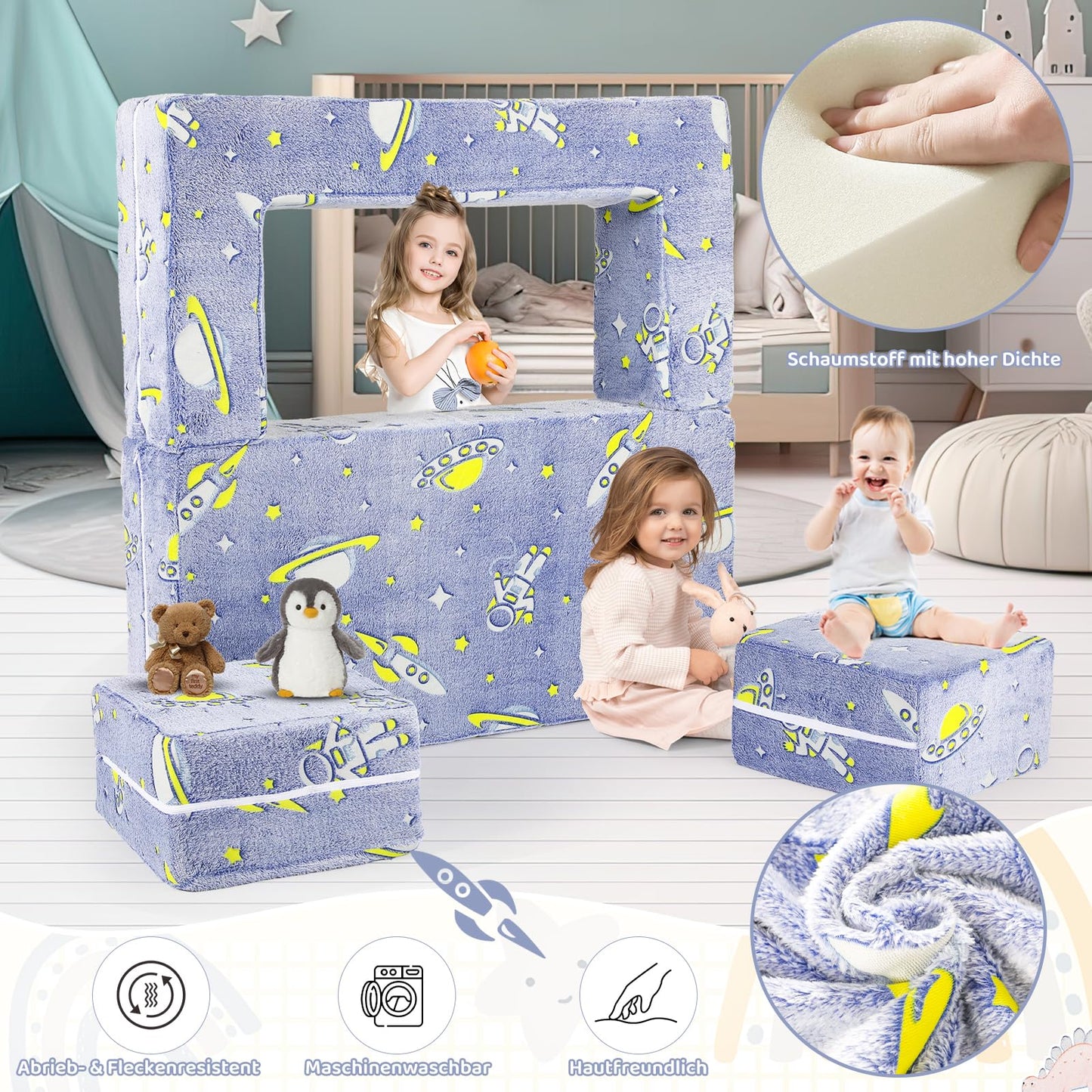 Children's Sofa Fold-Out 2-in-1 Toddler Sofa Bed, Children's Chair with Sleep Function, Mini Couch for Cuddly Corner Children's Room, Fancy Play Sofa for Girls and Boys, Glow in the Dark (Purple)