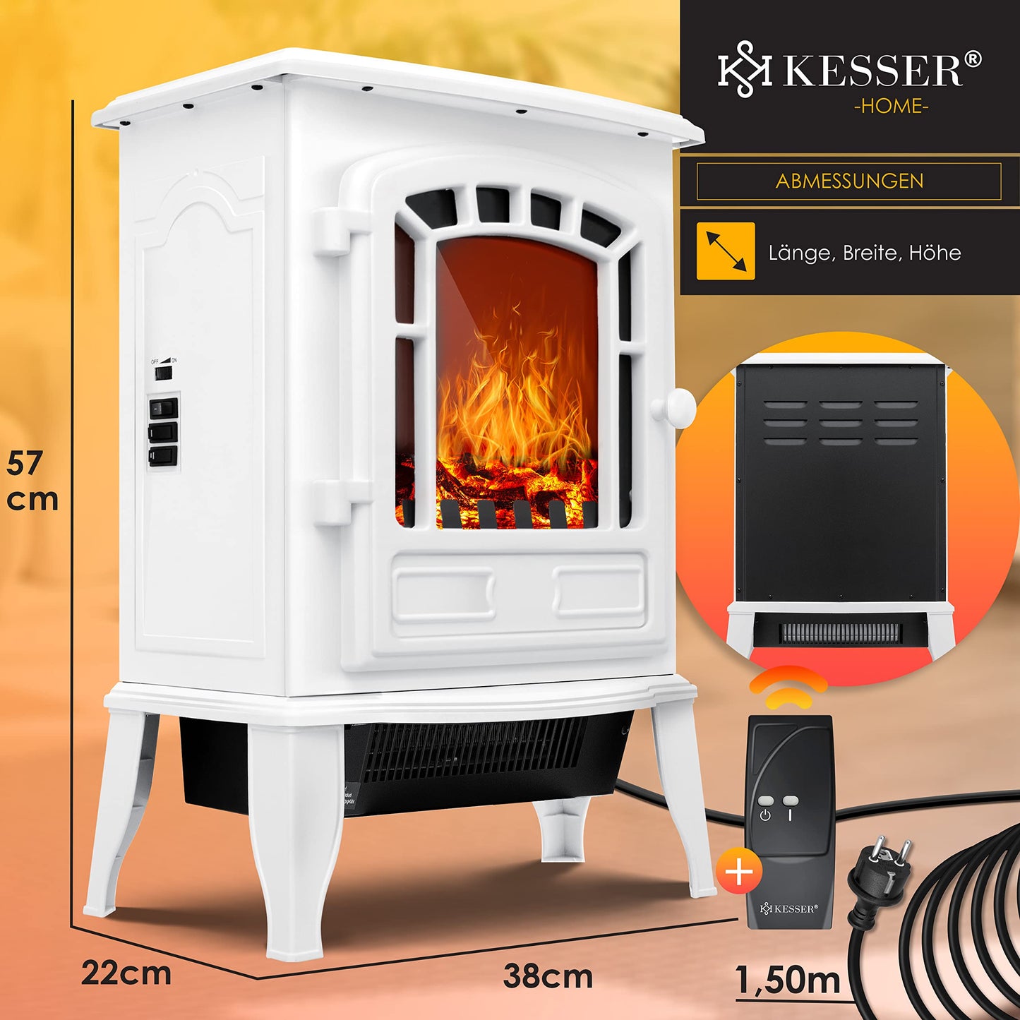 KESSER® Elektrokamin mit Heizlüfter & Fernbedienung 2000W Elektro Kamin Elektrischer Heizung LED Kaminfeuer Effekt Kaminofen Flammeneffekt Heizer Ofen geräuscharm regelbar Grau