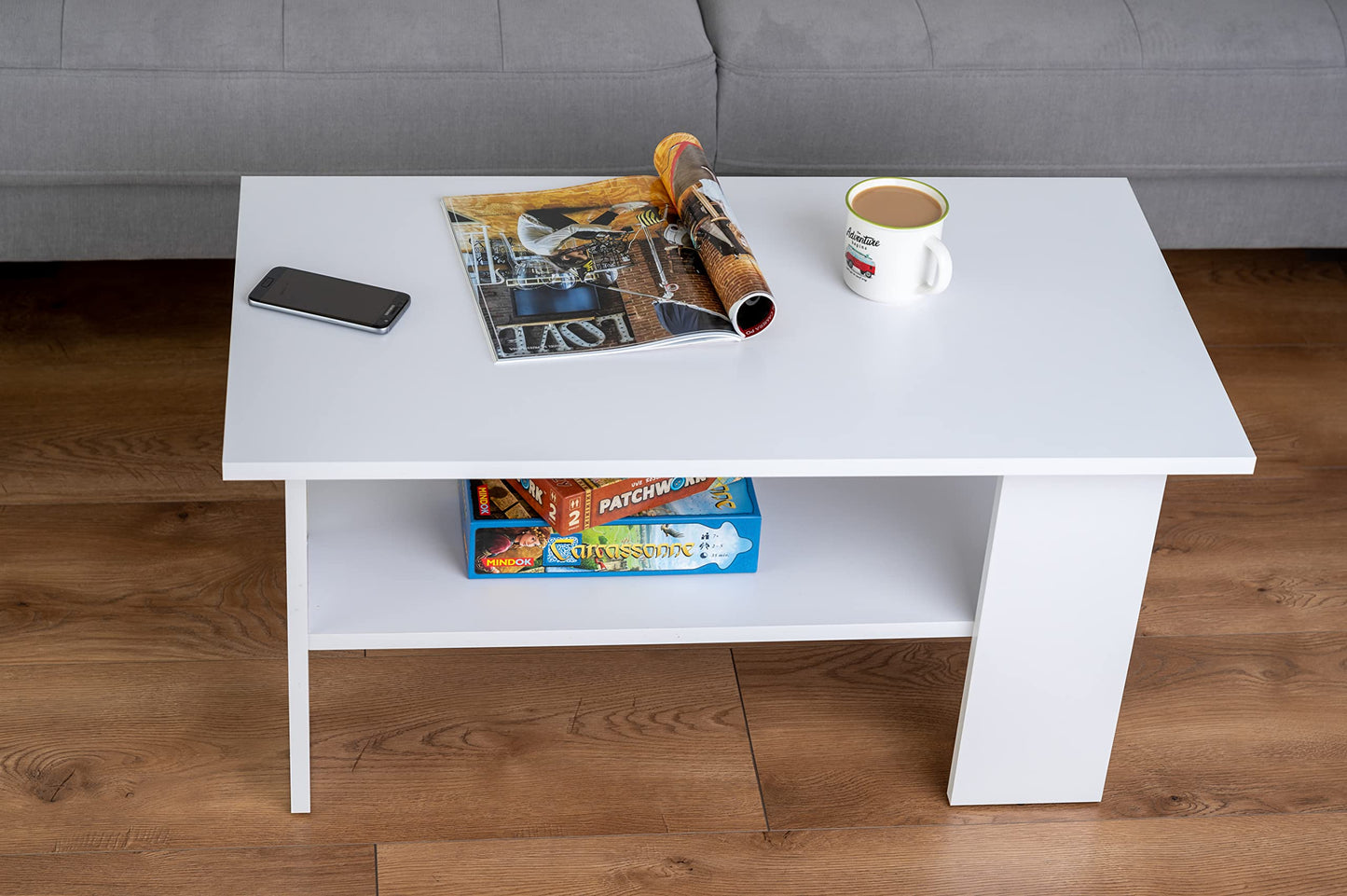 Artisan Coffee Table, Retro Loft Bench, Open Double Shelf, Skate Legs, Ideal for Coffee Get-Togethers, Laminated Top, Large Surface, Guaranteed Stability, White 3
