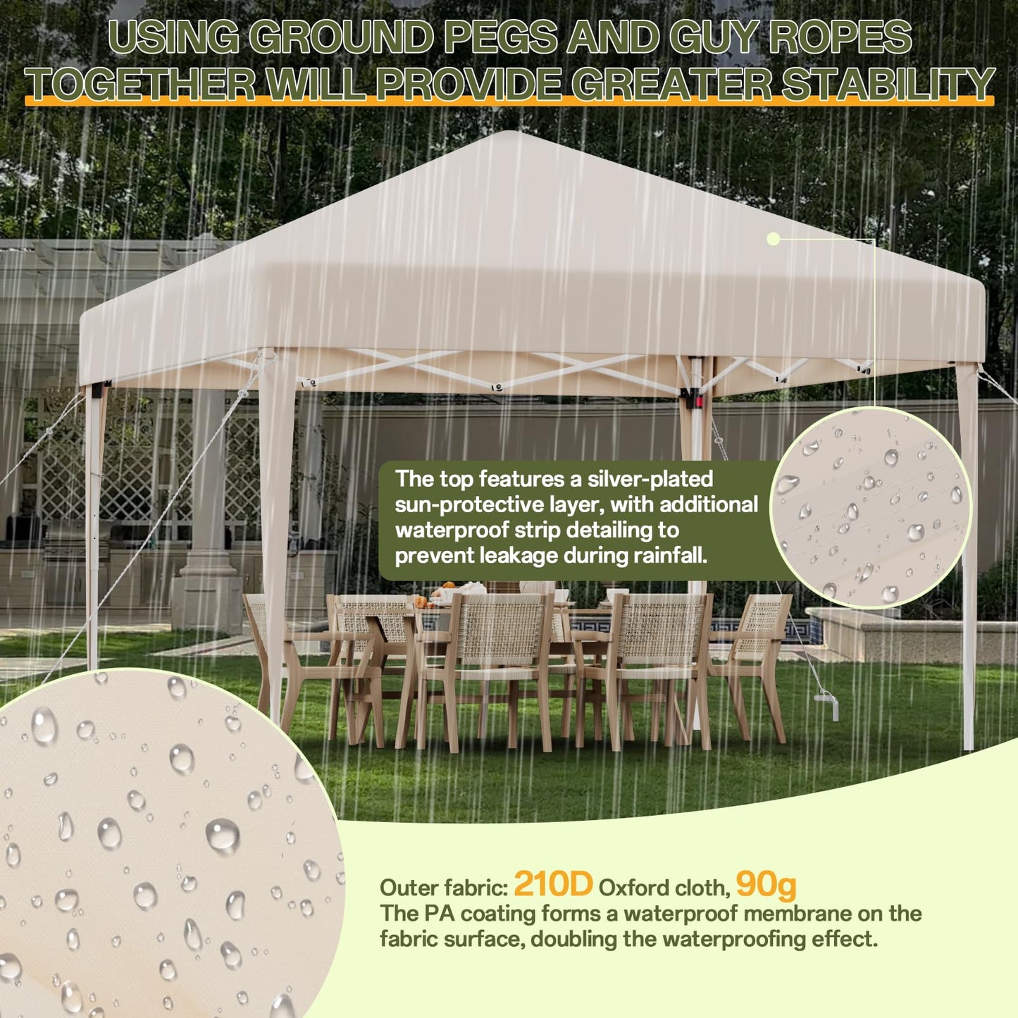 JUMMICO Gazebo Folding Gazebo 2 x 2, Gazebo Height Adjustable Stable Waterproof Winterproof Pop-Up Garden Gazebo UV Protection 50+ Folding Tent for Garden, Courtyard, Camping, Gazebo Beige