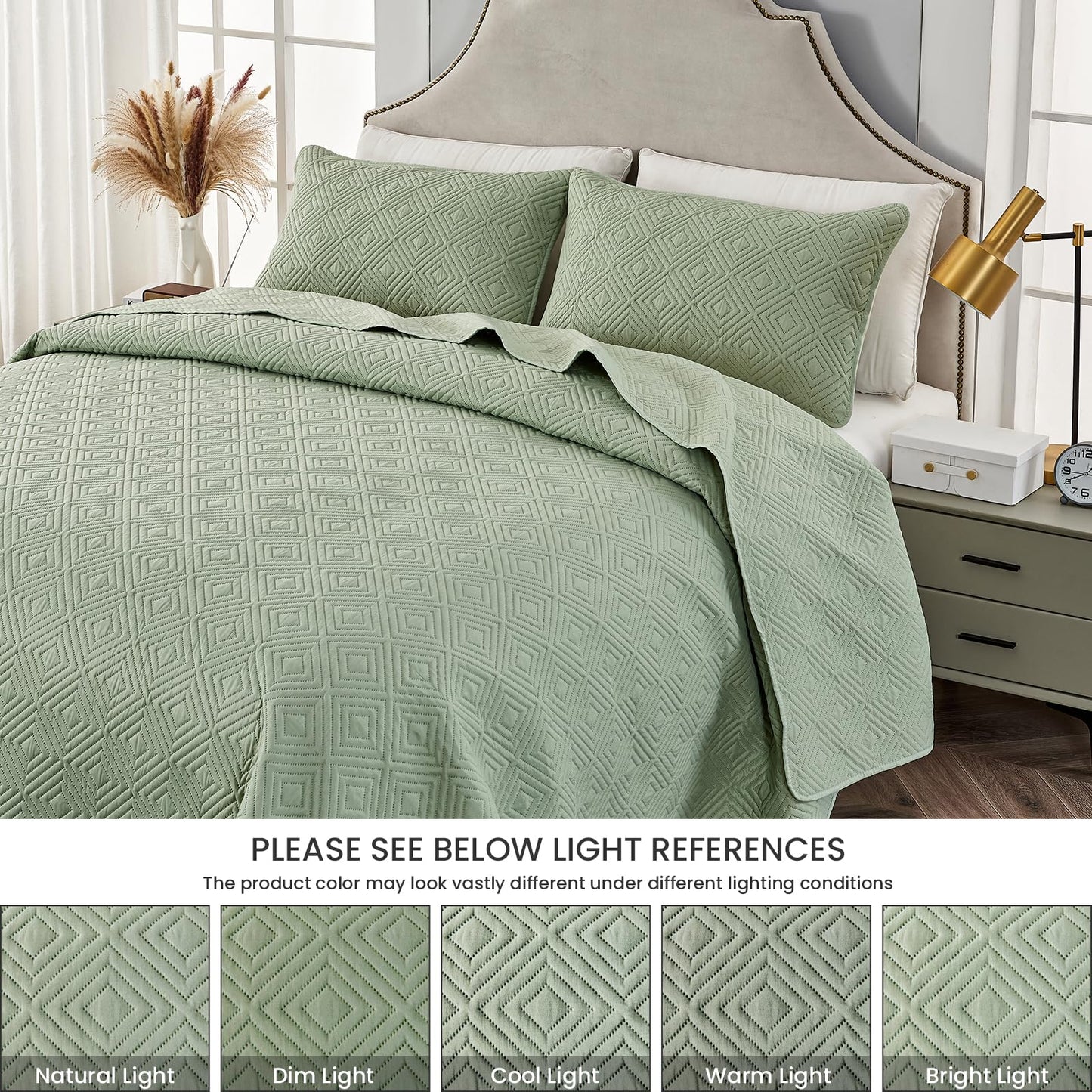 Qucover Tagesdecke Bettüberwurf 220x240cm Grün, Bedspreads aus Mikrofaser, Bettüberwuf Set mit 2 Kissenbezügen 50x75cm,Steppdecke bei 3D-Ultraschal genäht, Sofaüberwurf Bettüberwurf Überwurfdecke