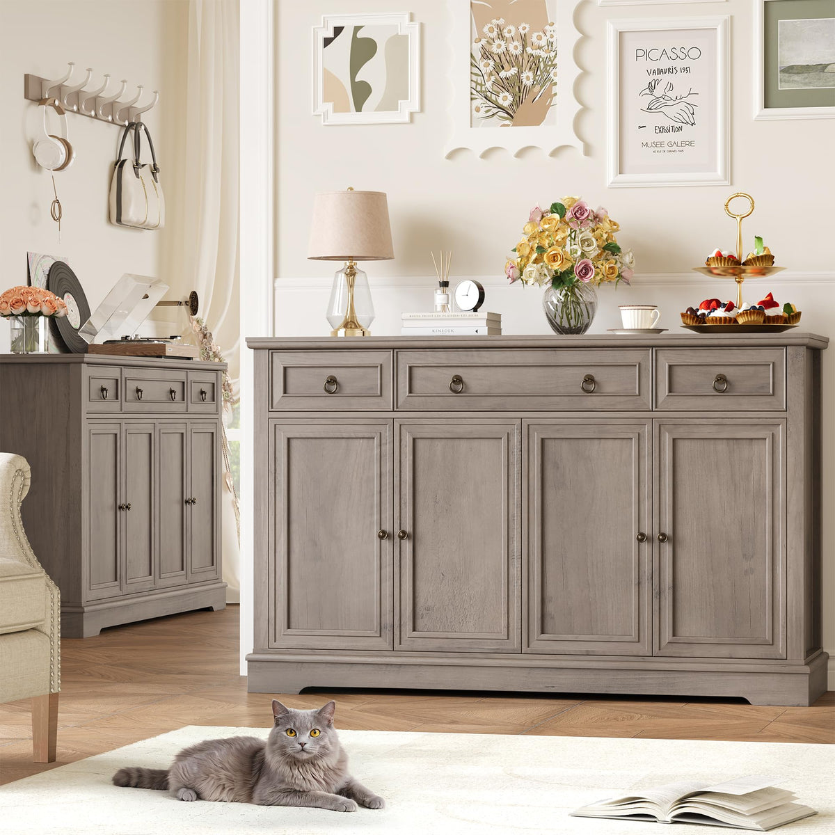 FirFurd Sideboard Kitchen Cabinet with Worktop Buffet Cabinet Sideboard for Kitchen Living Room Cabinet with 3 Drawers and 4 Doors Kitchen Buffet with Adjustable Shelf 134 x 87 x 40 cm White