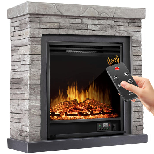 KESSER® Electric Fireplace with LED 3D Flame Effect, Heating Function, 1,800 W Power, Timer, Thermostat, Remote Control, Dimmable, Stone Look/Grey