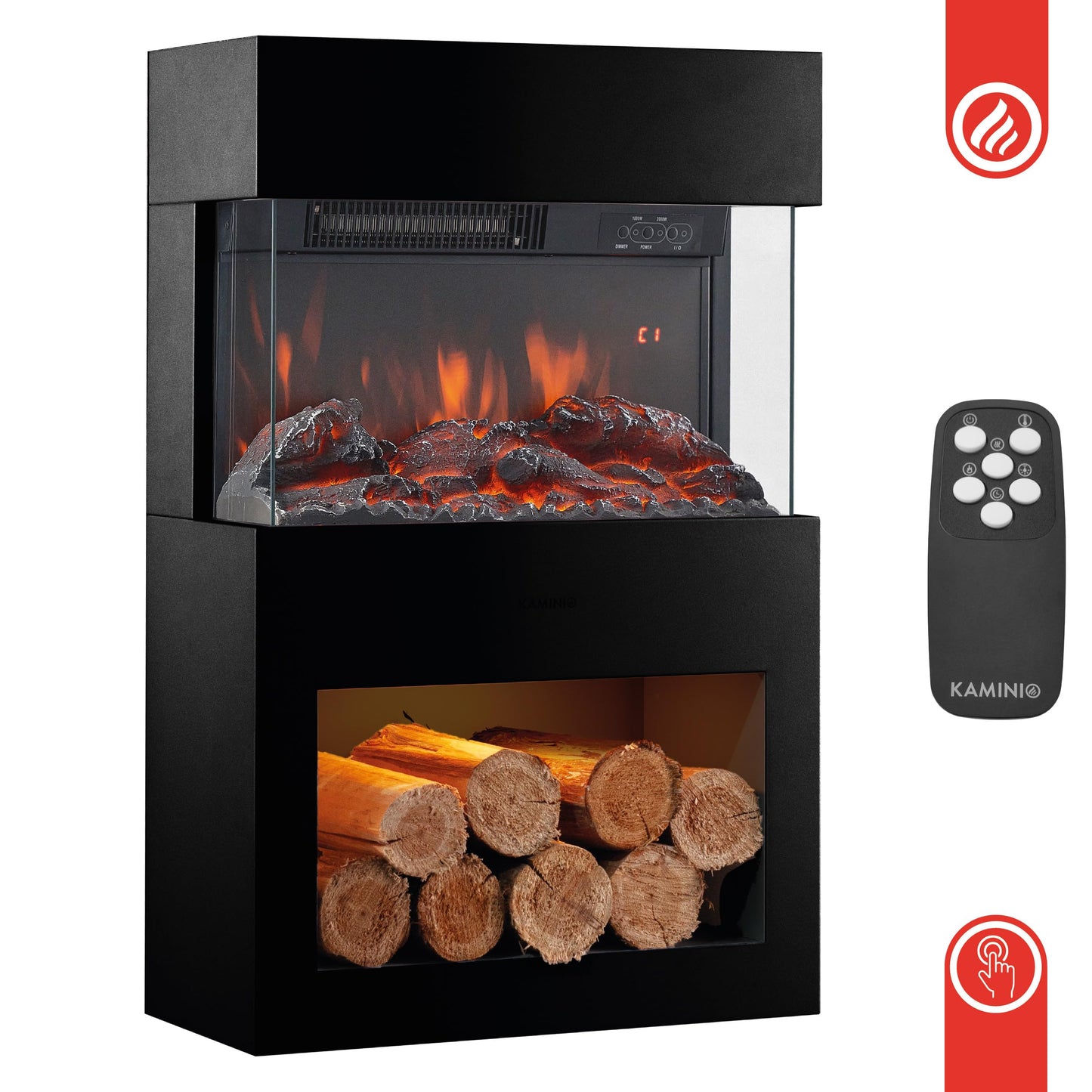 Henri Electric Fireplace with Heater, 3D Flame Effect, Wooden Compartment, LED Ambient Light, Remote Control (Black)