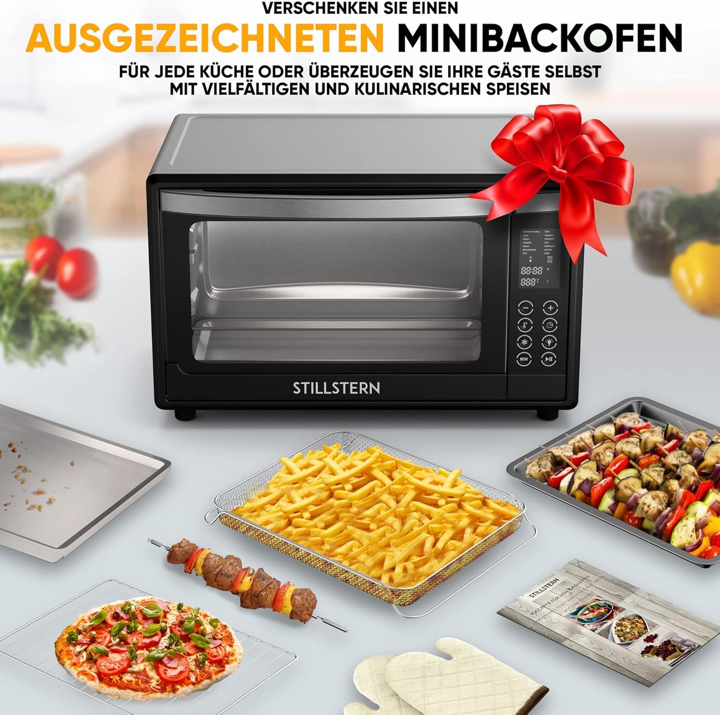 Digital Mini Oven With Convection (35 Litres) Oven Gloves ✓ Recipe Book ✓ Double Glass Door ✓ 1600W ✓ LED Display ✓ 13 Programmes ✓ Rotating Spit ✓ Crumb Tray ✓ Timer ✓ Interior lighting