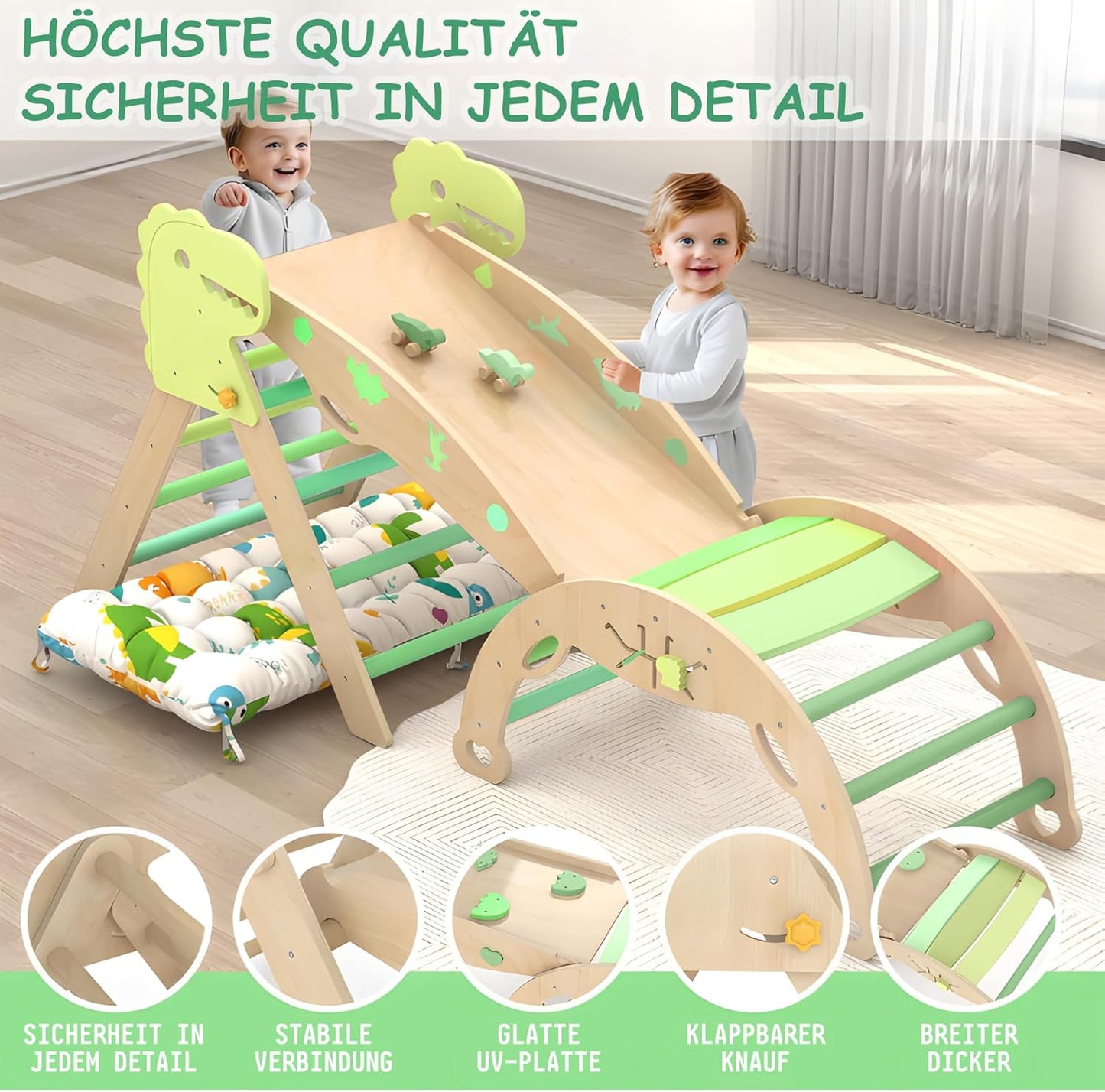 LEWGEE Montessori Indoor Play Set: 9-in-1 Climbing Frame, Indoor Climbing Triangle, Climbing Arch with Cushion, and Slide for Children, Indoor Playground 1-3 Years