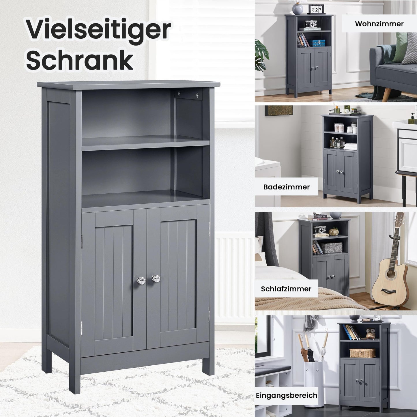 Yaheetech Bathroom Cabinet with Double Door and 2 Open Shelves Bathroom Shelf Bathroom Chest of Drawers with Adjustable Shelf Dark Grey 50 x 30 x 92.5 cm