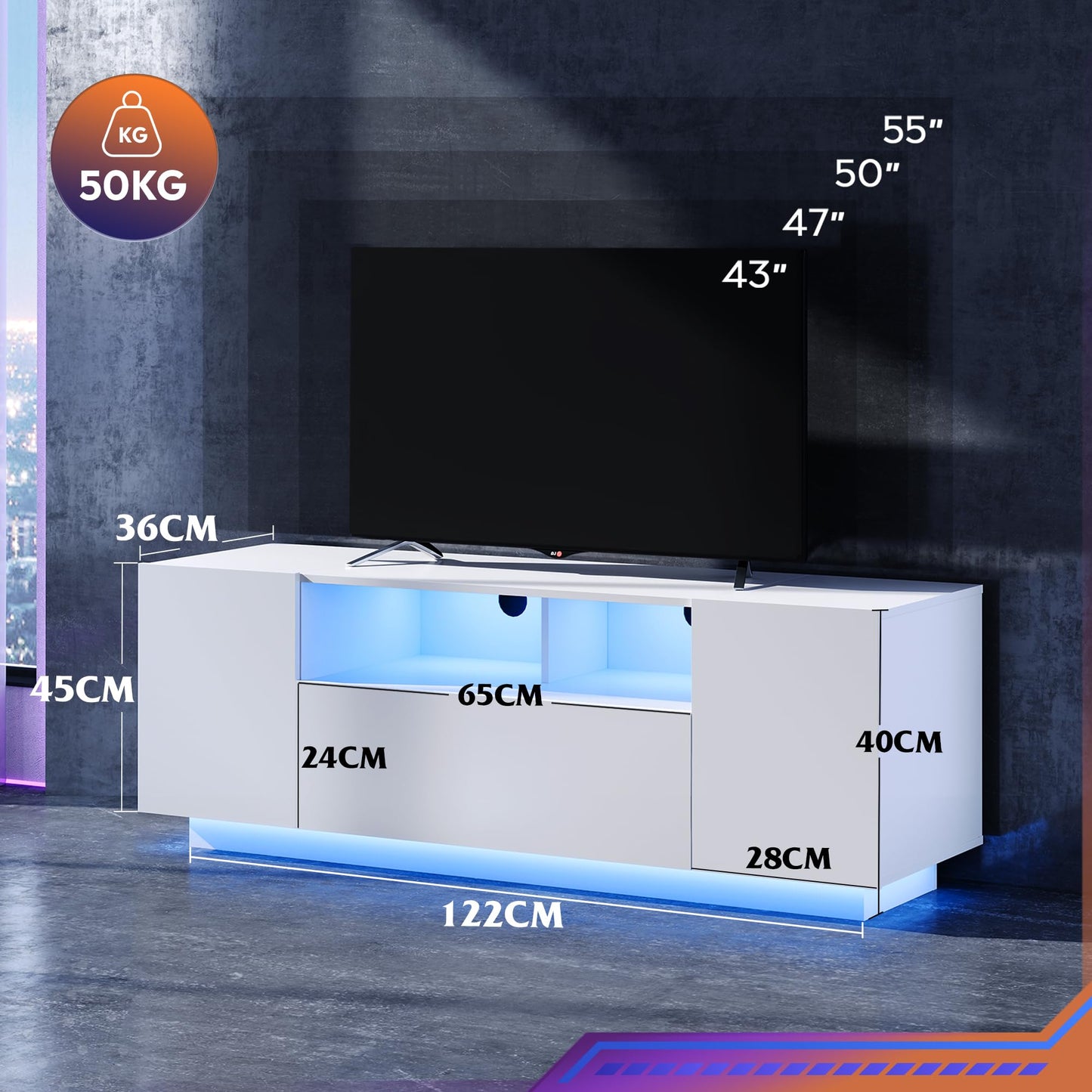 WLIVE TV Cabinet Black Lowboard High Gloss with 20 Colours LED Lighting, TV Board with Cabinets and 2 Open Surfaces, TV Table with Folding Door, 122 x 36 x 45 cm, Black