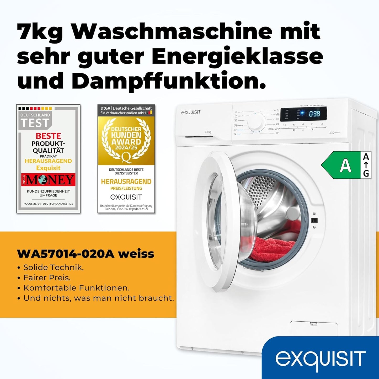 Exquisit Waschmaschine 7kg, Energieeffizienzklasse A, max. 1400 U/Min, Kurzprogramm, Mixprogramm, Startzeitvorwahl (3-24 Std.), Aquastop, 12 Waschprogramme, WA57014-020A weiss