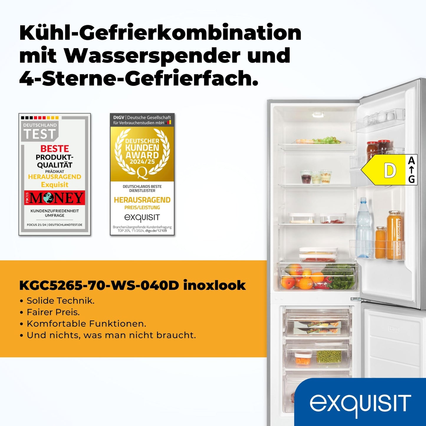 Exquisit Fridge-Freezer, 180 cm Height, Fridge with Freezer, 260 Litres, Water Dispenser, Alarm Function, 4-Star Freezer, KGC5265-70-WS-040D inoxlook-az