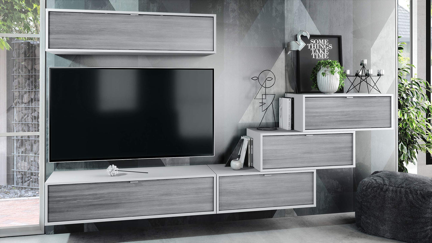 Vladon Lana V1 Wall Unit Made of 5 Hanging Elements with 12 Compartments, Made in Germany, Body in Matte White, Fronts in Bordeaux High Gloss, Large Choice of Colours