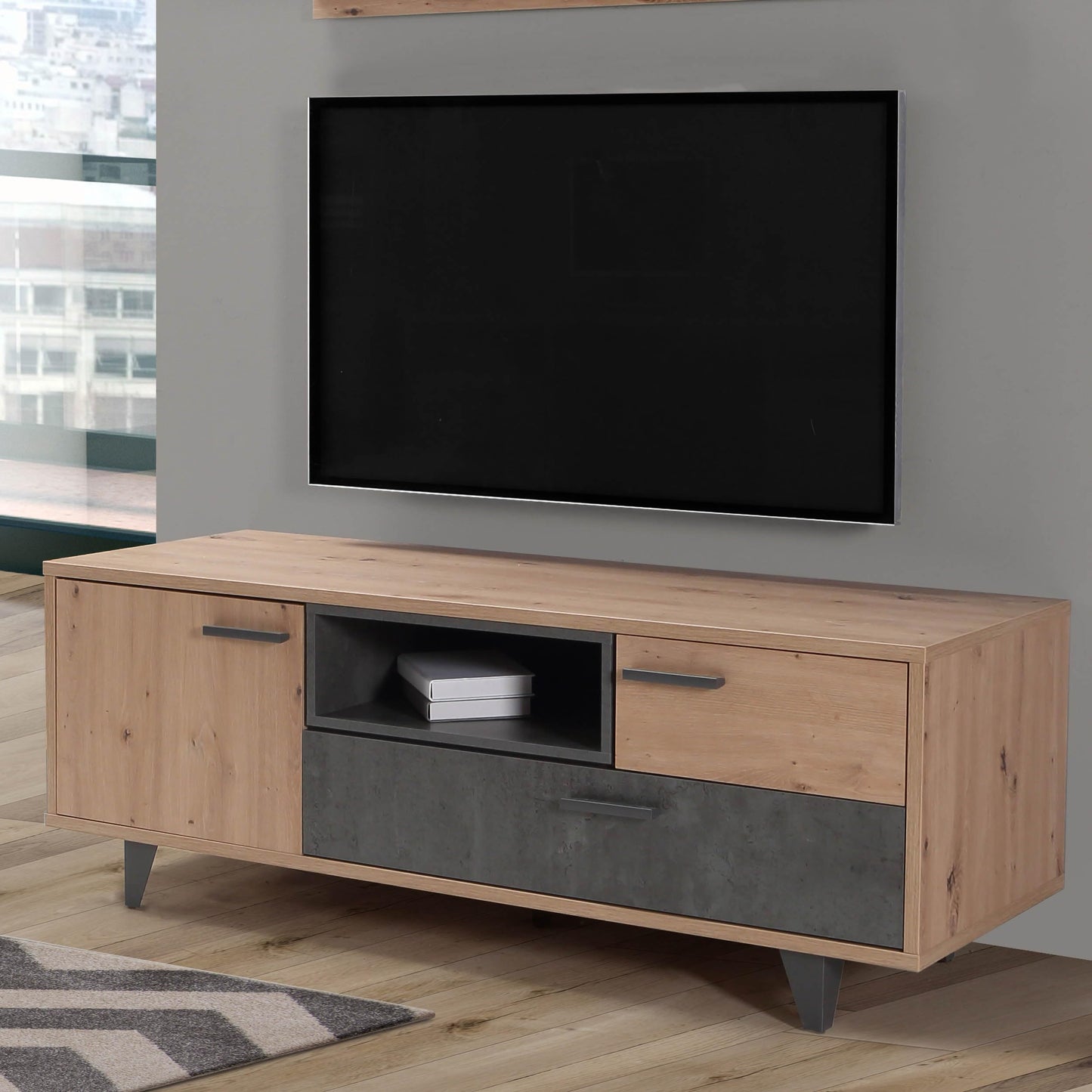 Forte TREBBIA TV Cabinet 150 160 Modern Cabinet with 2 Drawers Lowboard TV Rack Wood Composite Concrete Look Dark Grey/White High Gloss 152.7 cm Wide x 46.7 cm High x 51.7 cm Deep